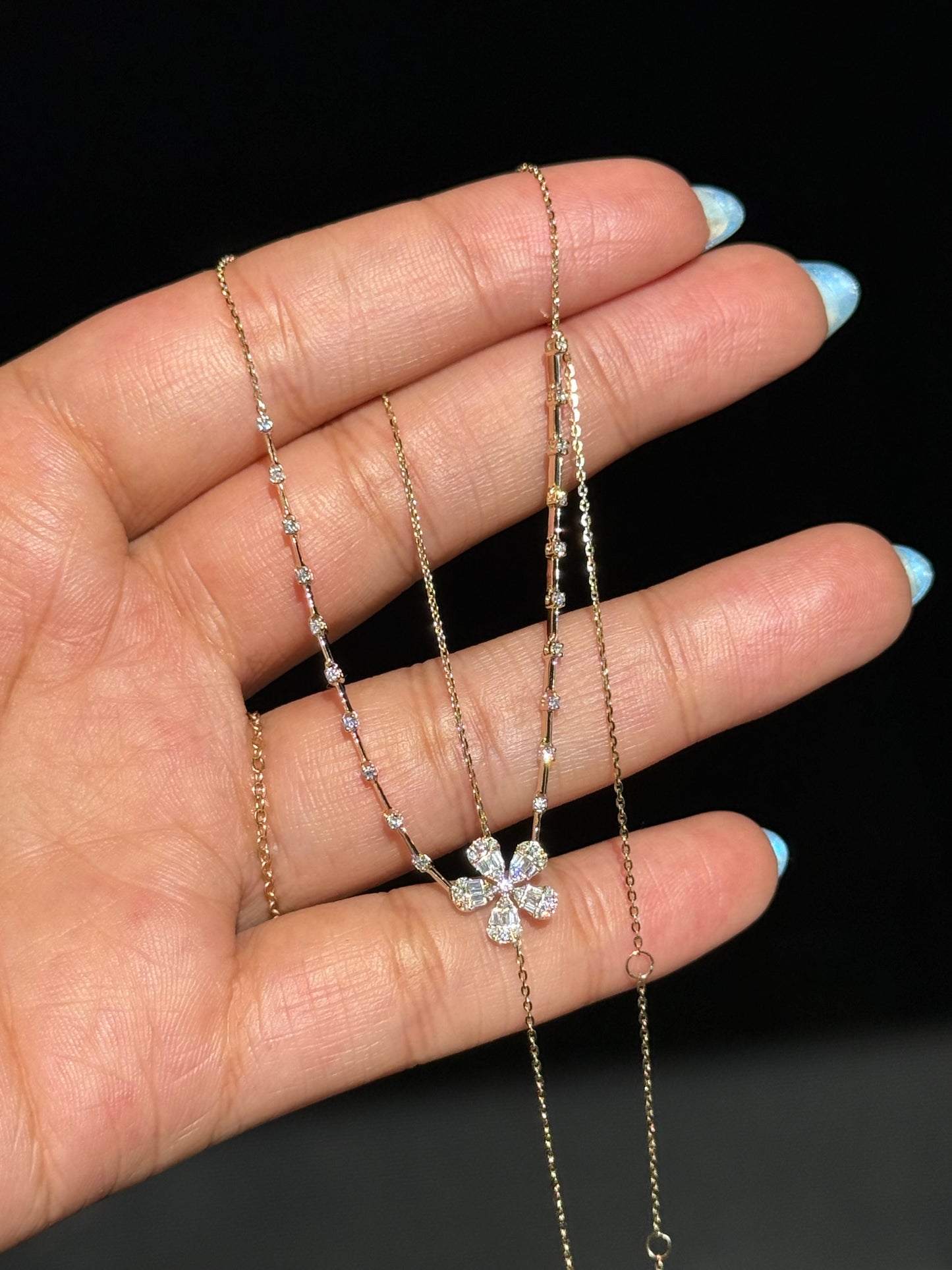 14k yellow gold diamond flower necklace,