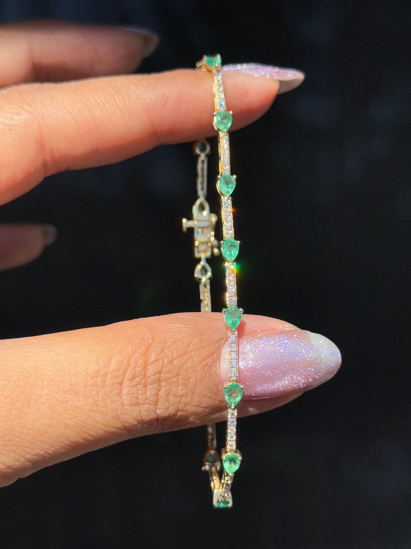 14k Yellow Gold Emeralds and diamonds tennis Bracelet