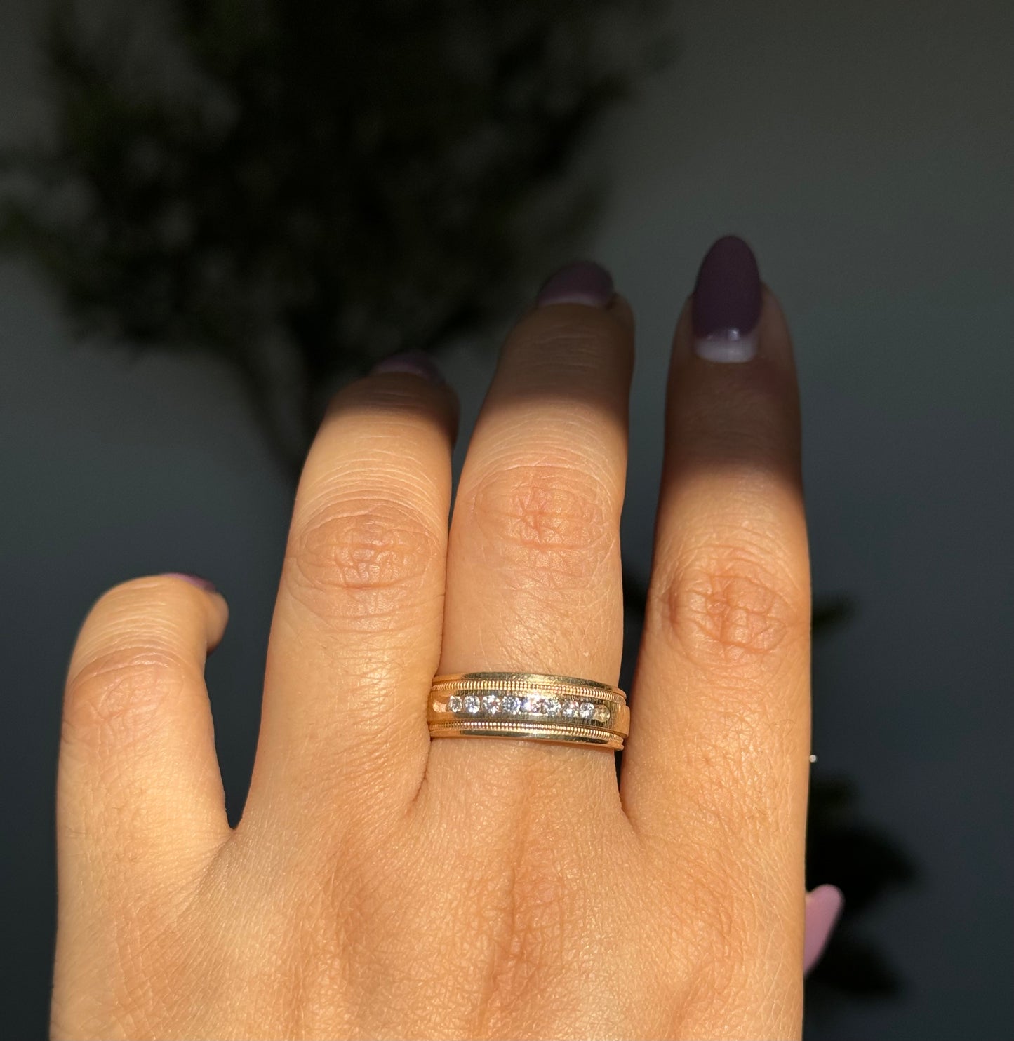 14k brushed & high polished finish half eternity diamond band