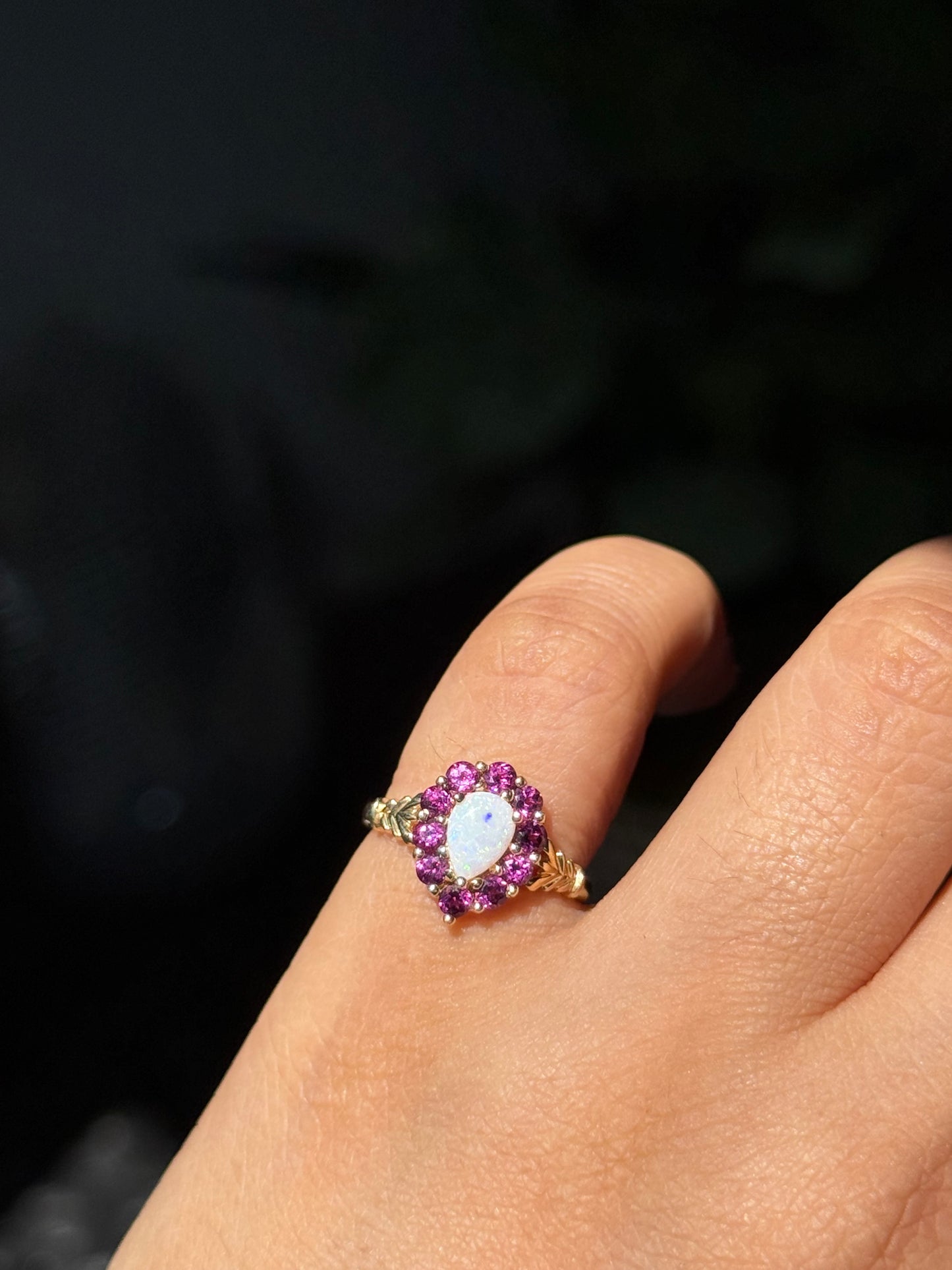 14k pink purplish garnets & pearl Ring
