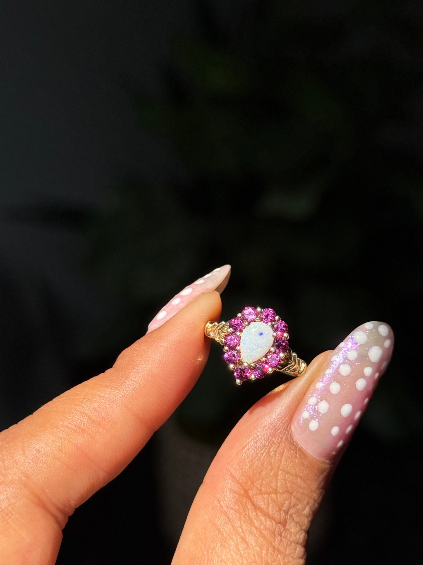 14k pink purplish garnets & pearl Ring