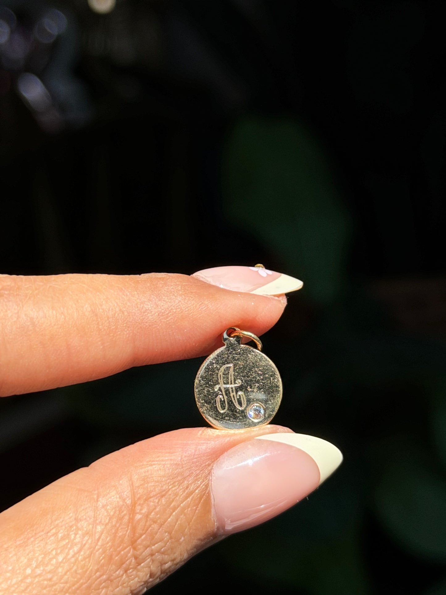 14k engraved Solid disc A charm with natural diamond