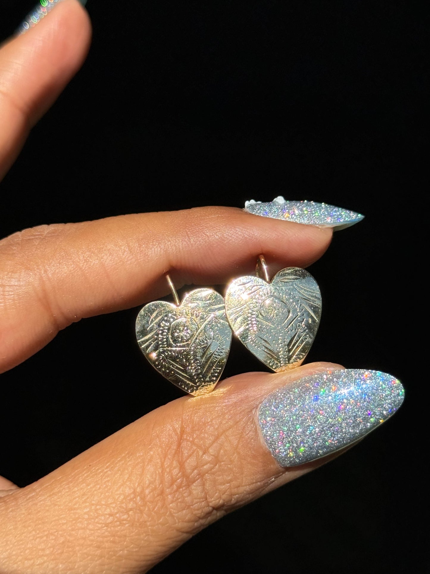 vintage 14k hand etched heart earrings