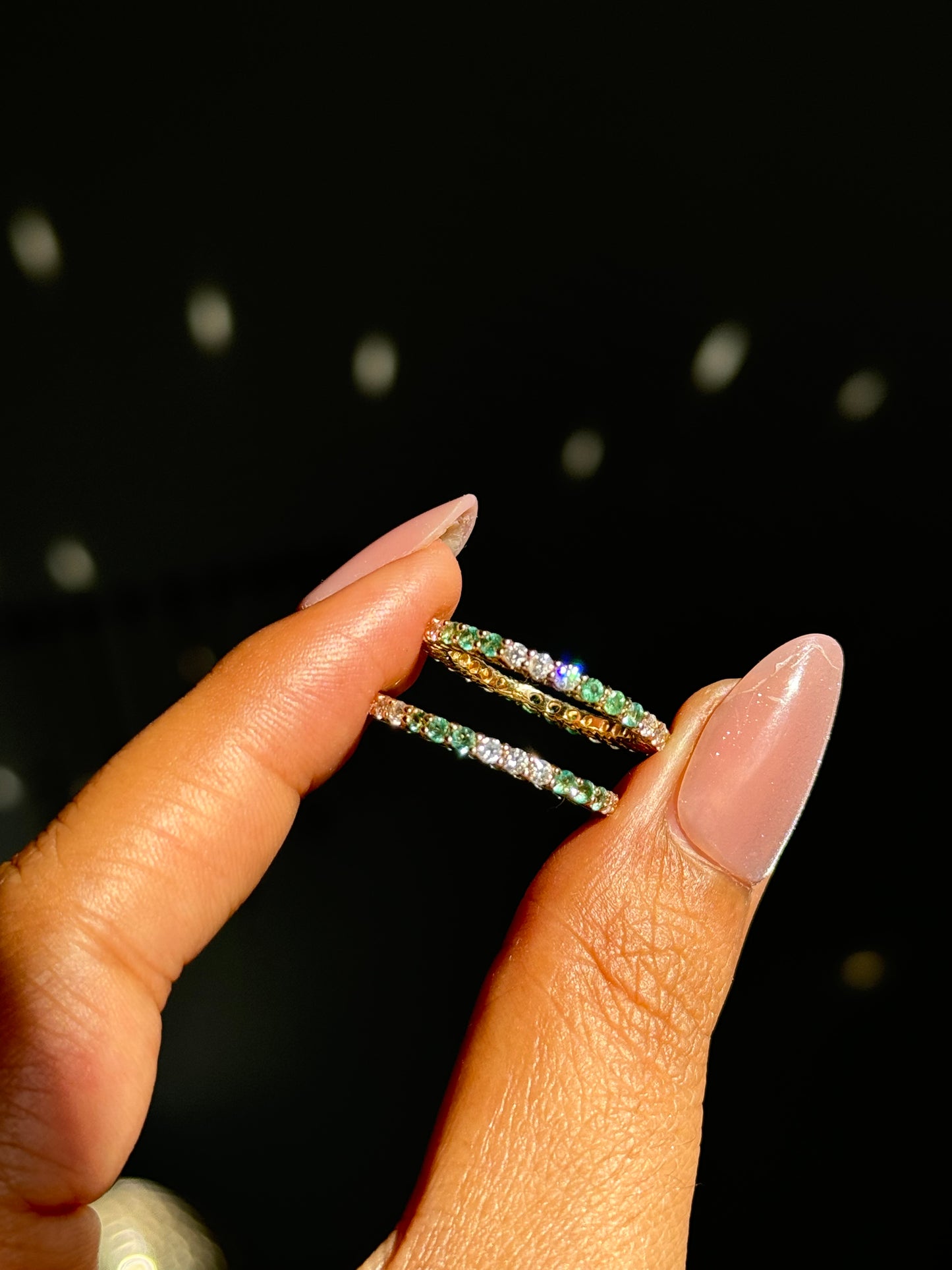 14k eternity diamonds and emeralds bands