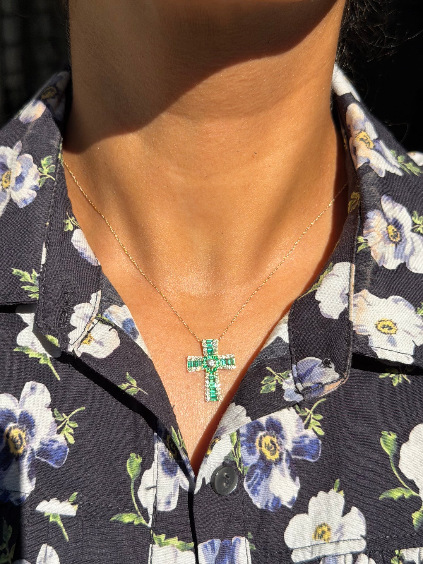 14k emerald and diamond cross charm on chain