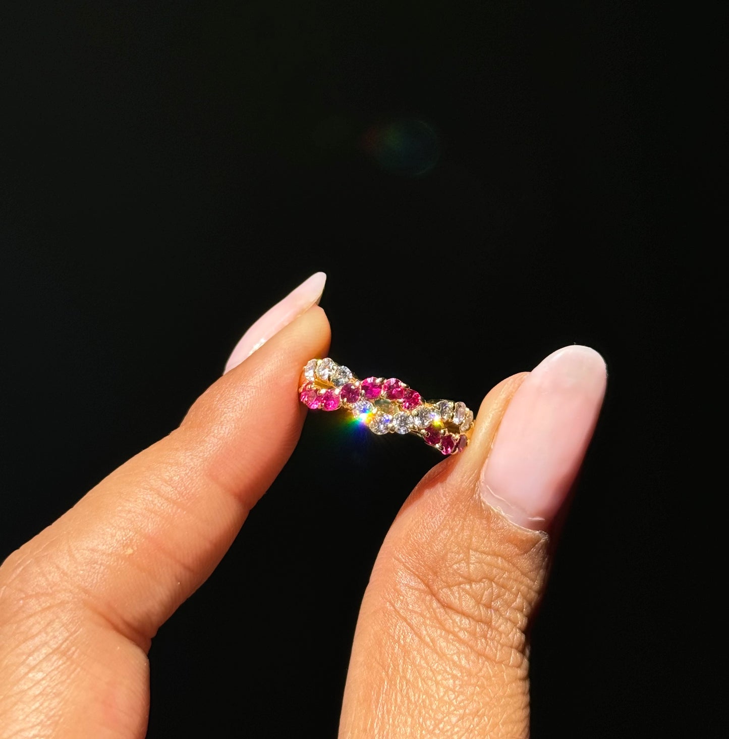 18k wavy diamonds and rubies ring