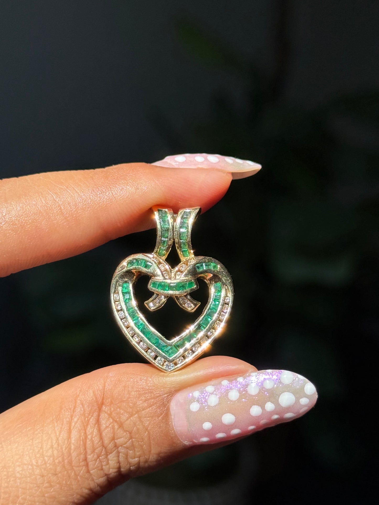 14k Glowy emeralds and diamonds open heart charm