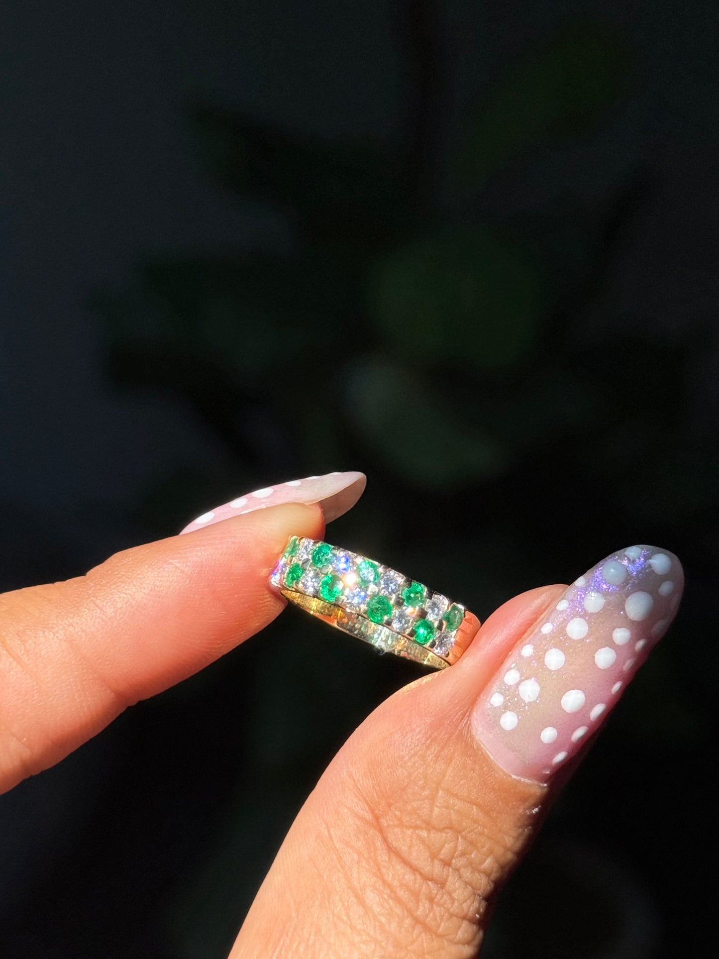14k wide emerald and diamond ring