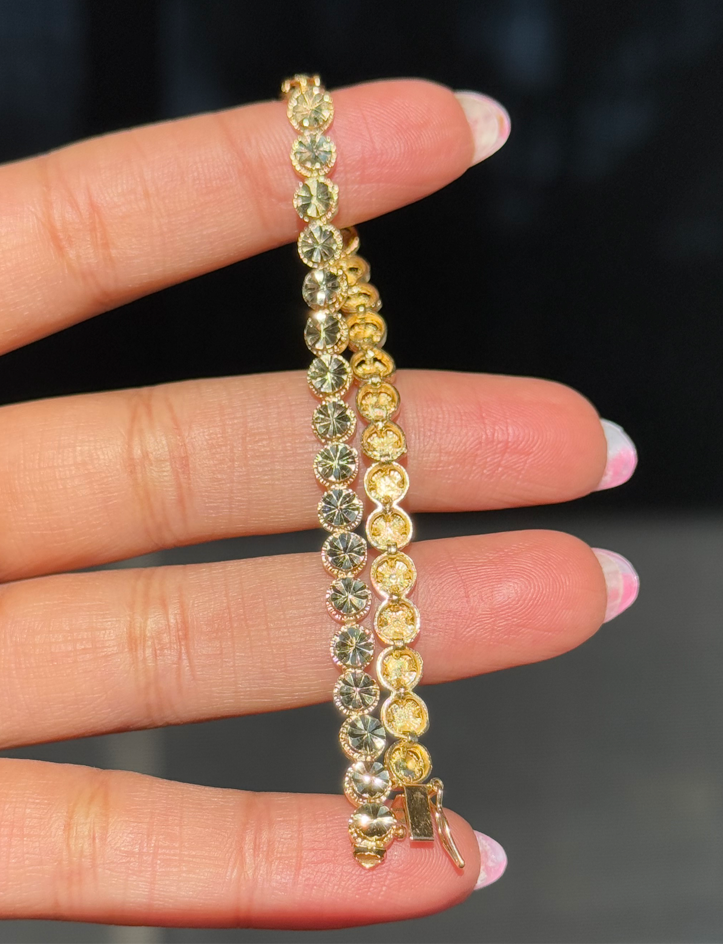 14k yellow gold diamond cut Engine turned circle link bracelet