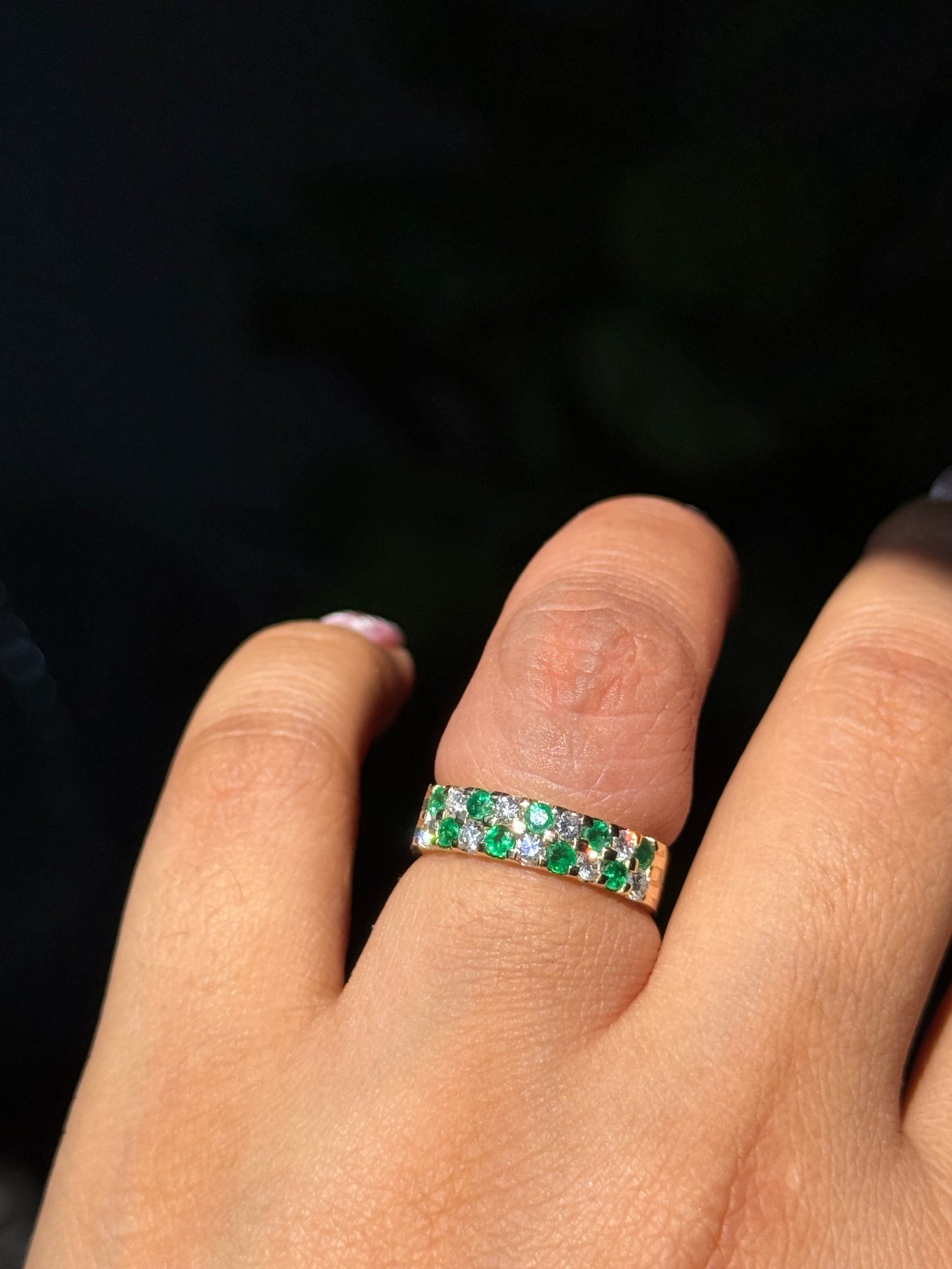 14k wide emerald and diamond ring