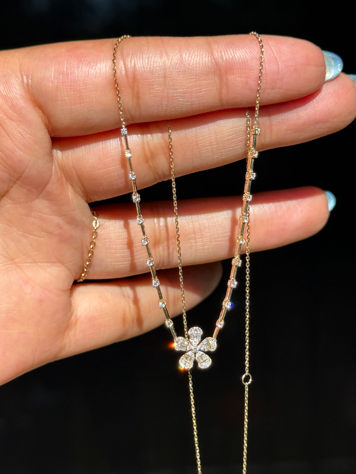 14k yellow gold diamond flower necklace,