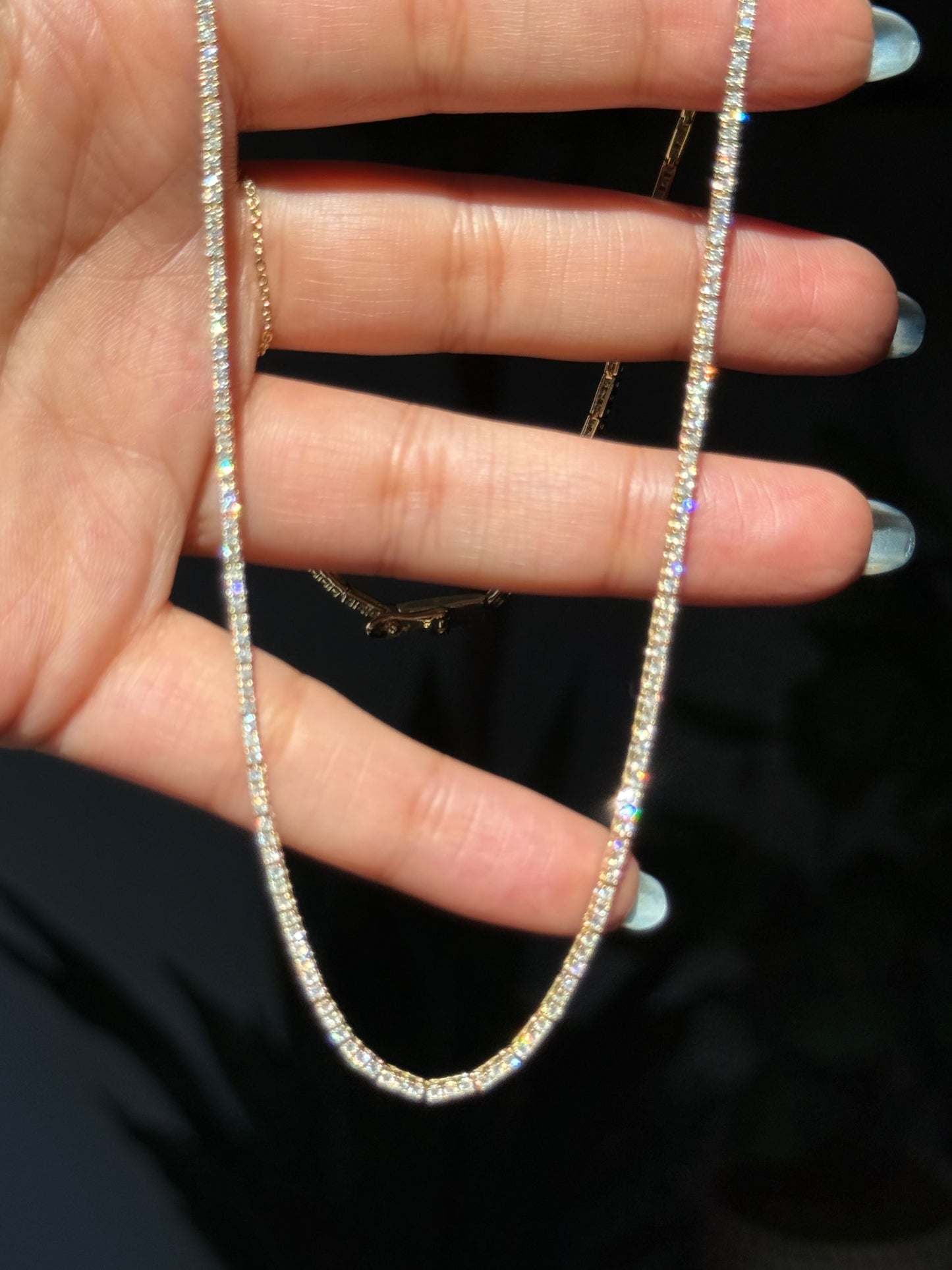 14k yellow gold diamond tennis necklace, features 3ct