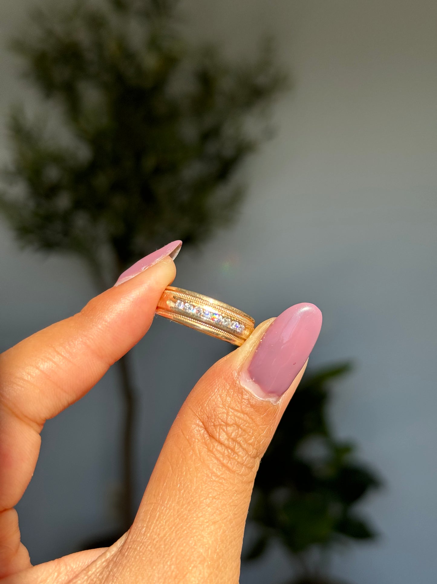 14k brushed & high polished finish half eternity diamond band