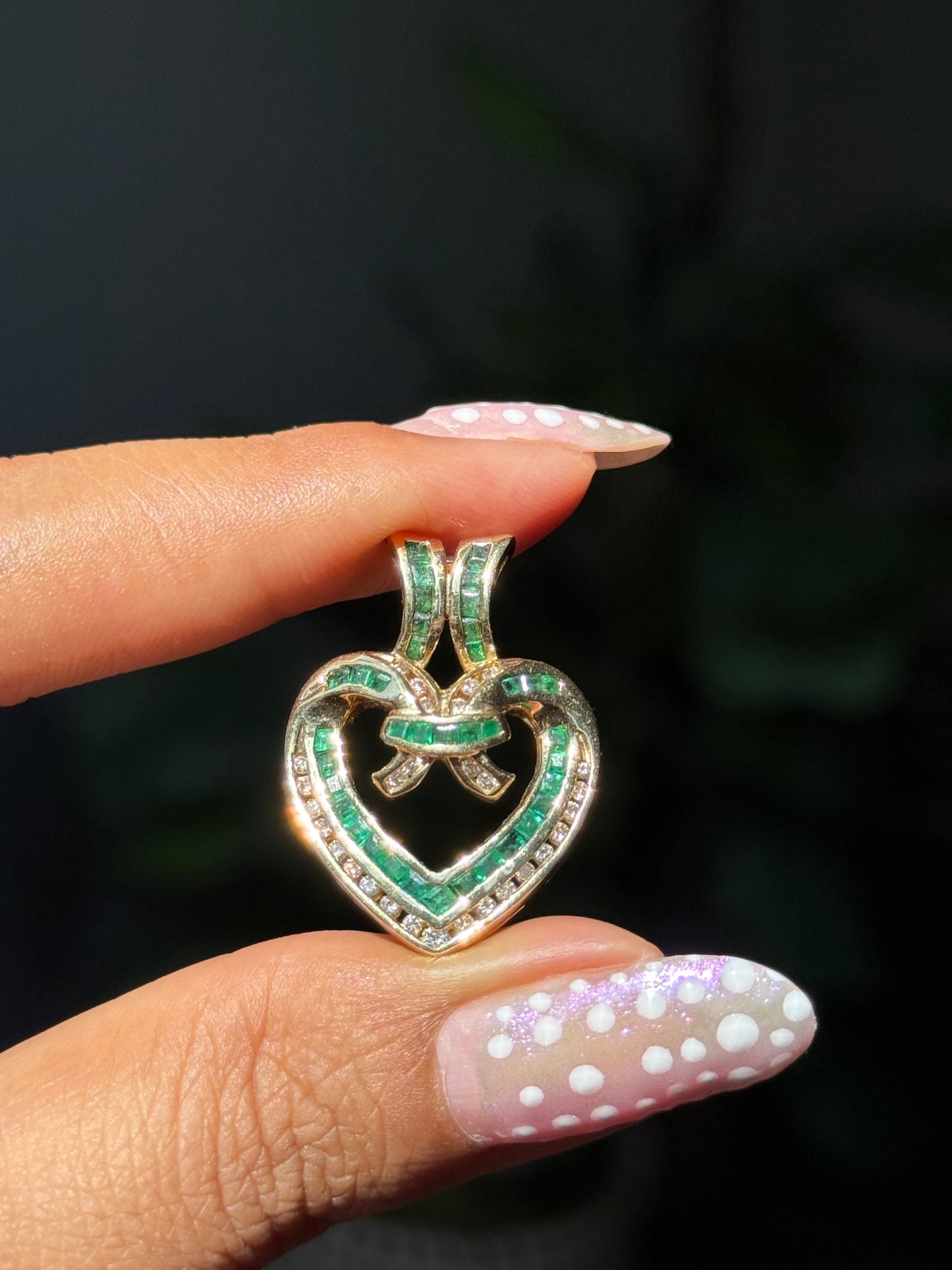 14k Glowy emeralds and diamonds open heart charm