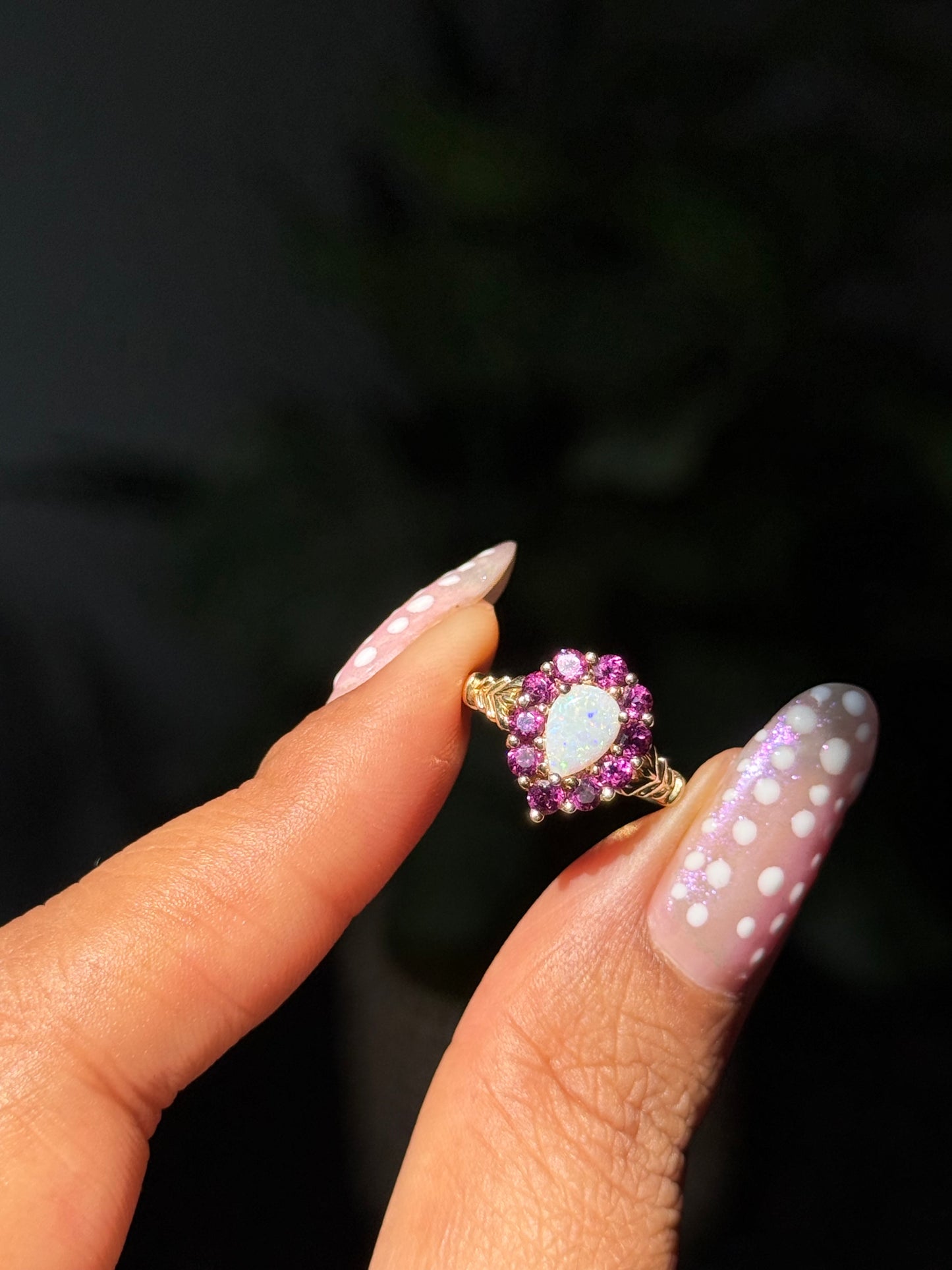 14k pink purplish garnets & pearl Ring
