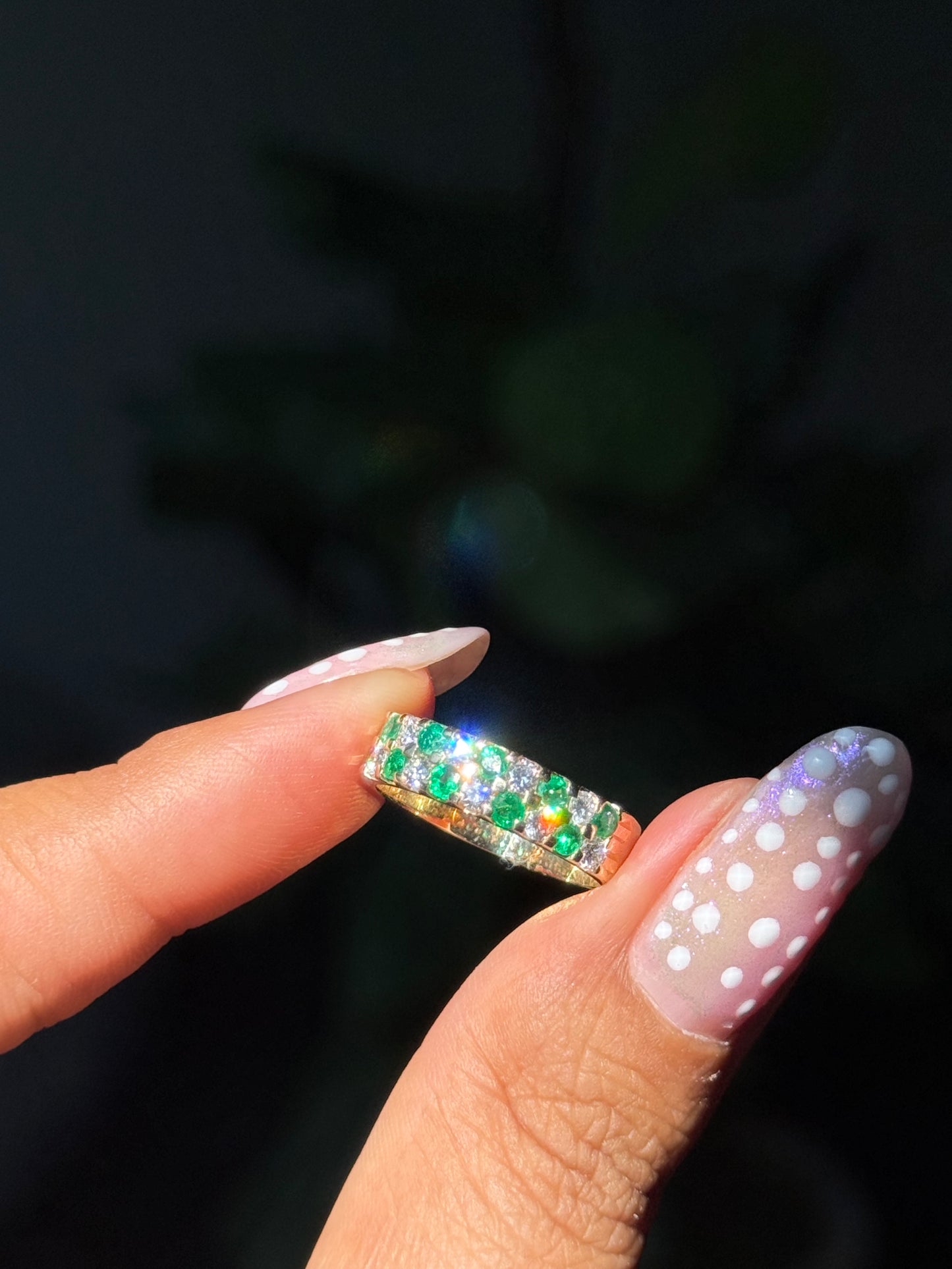 14k wide emerald and diamond ring