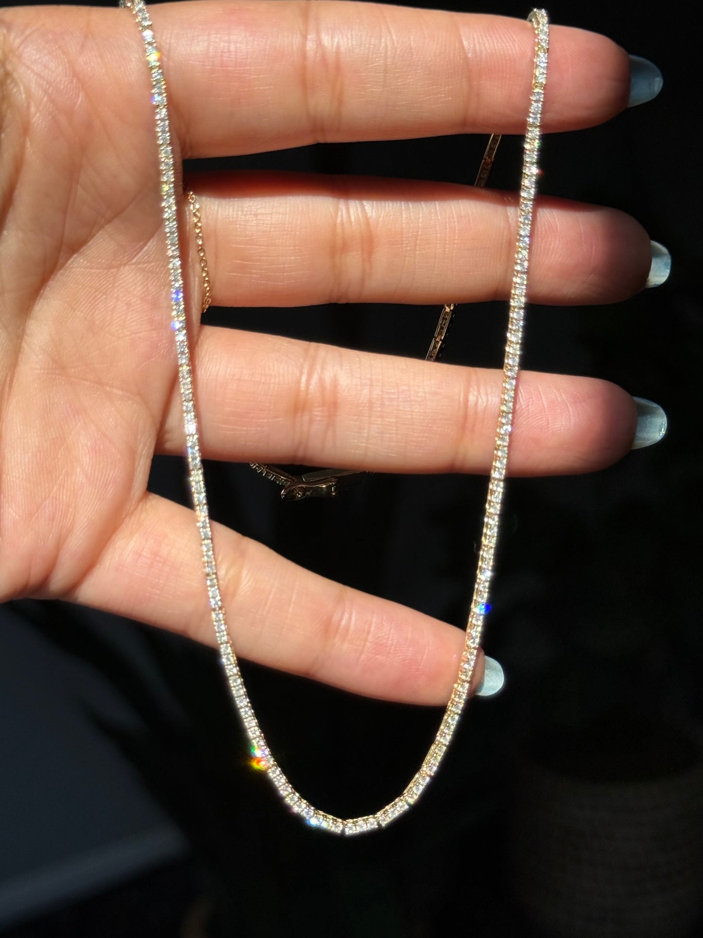 14k yellow gold diamond tennis necklace, features 3ct