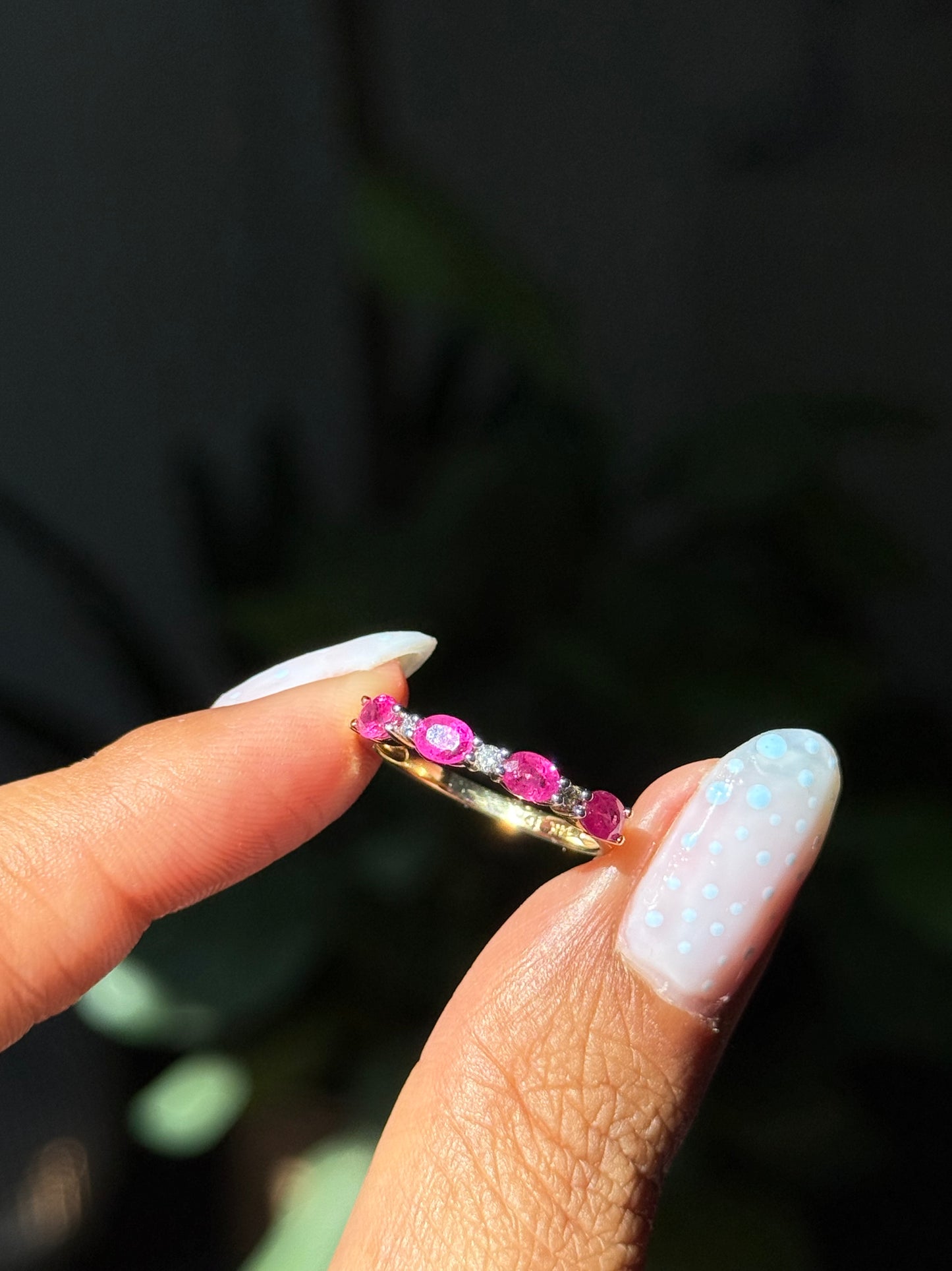 14k half eternity rubies and diamonds band