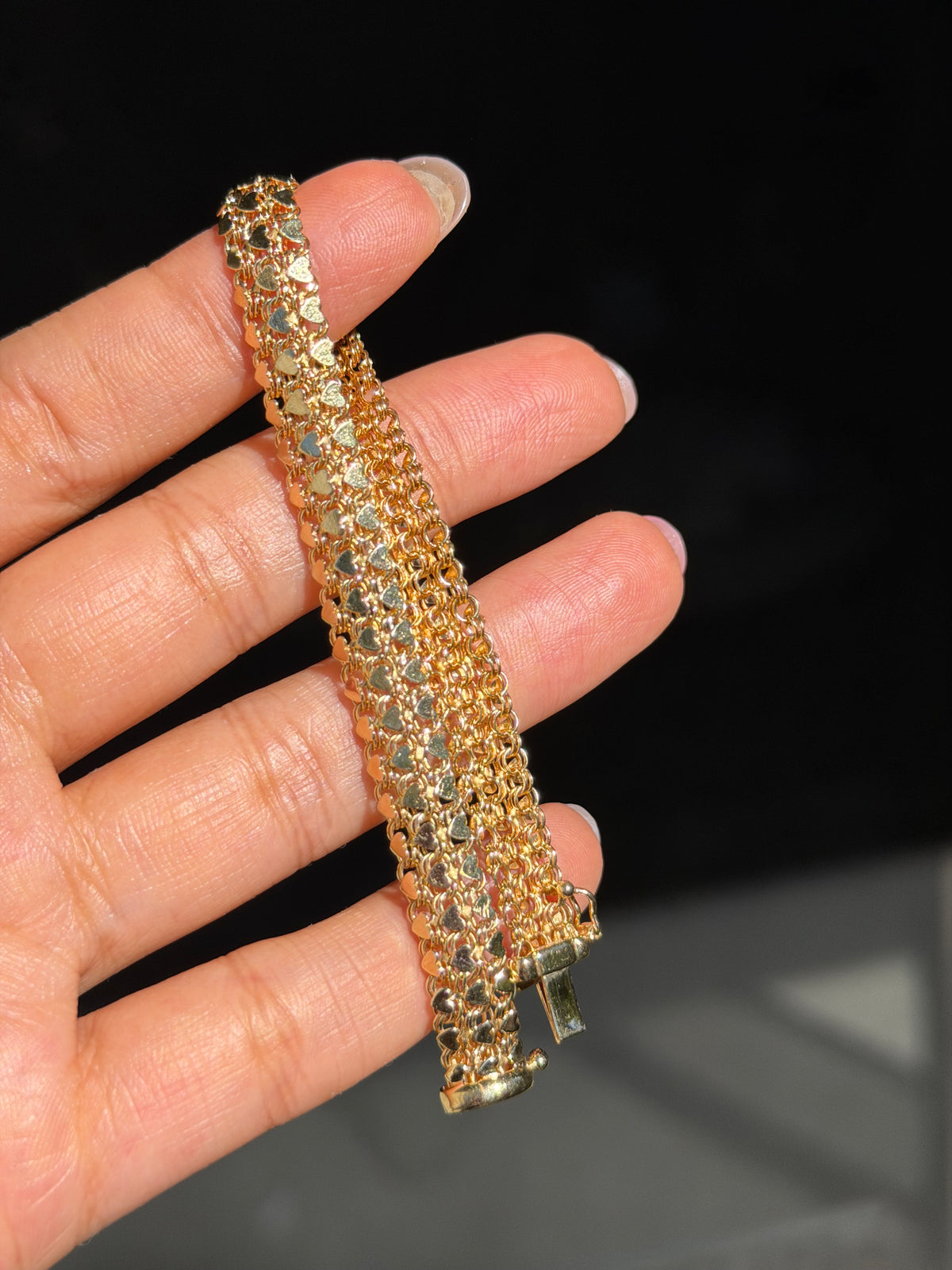 14k three row heart link bracelet