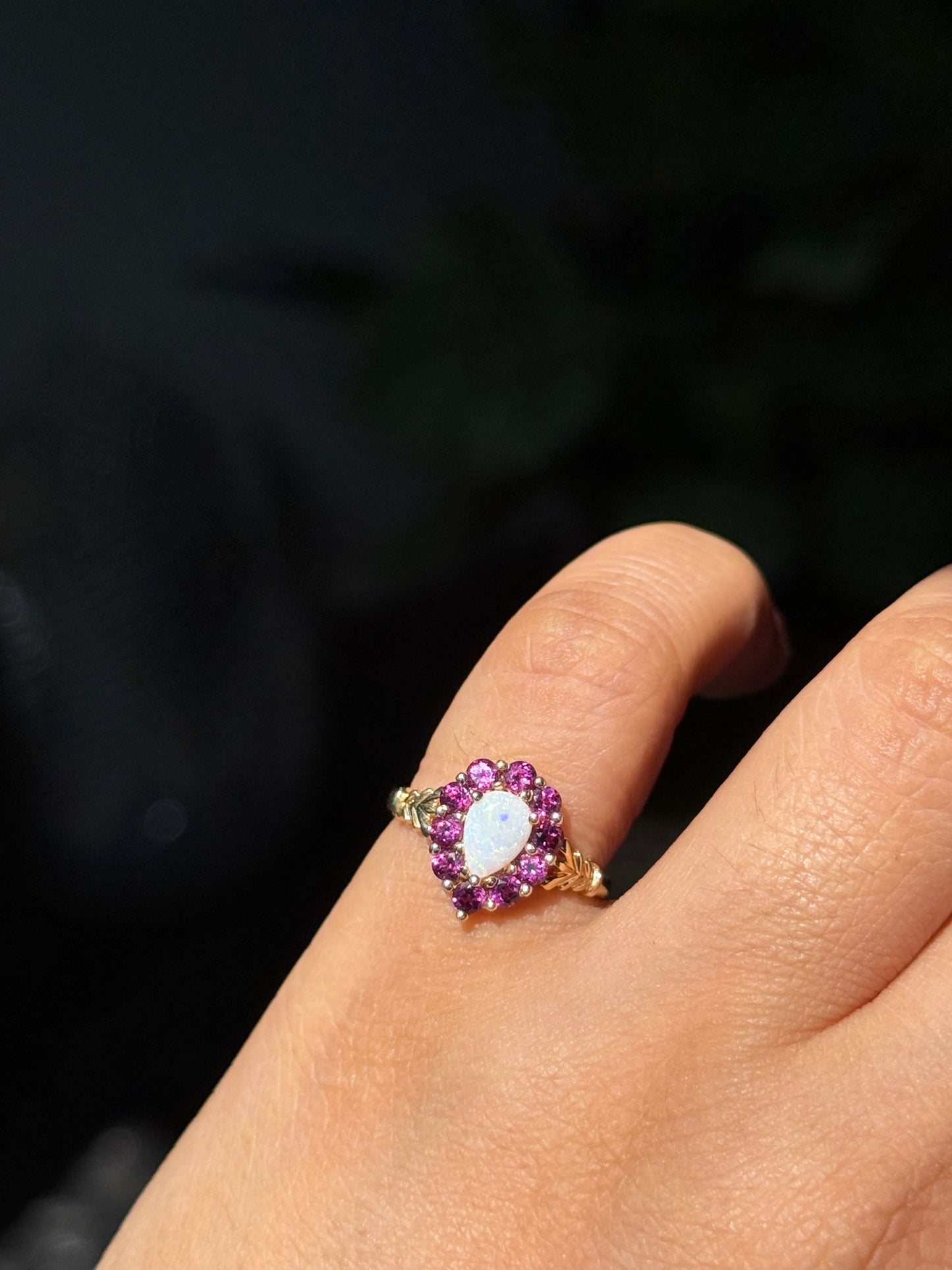 14k pink purplish garnets & pearl Ring