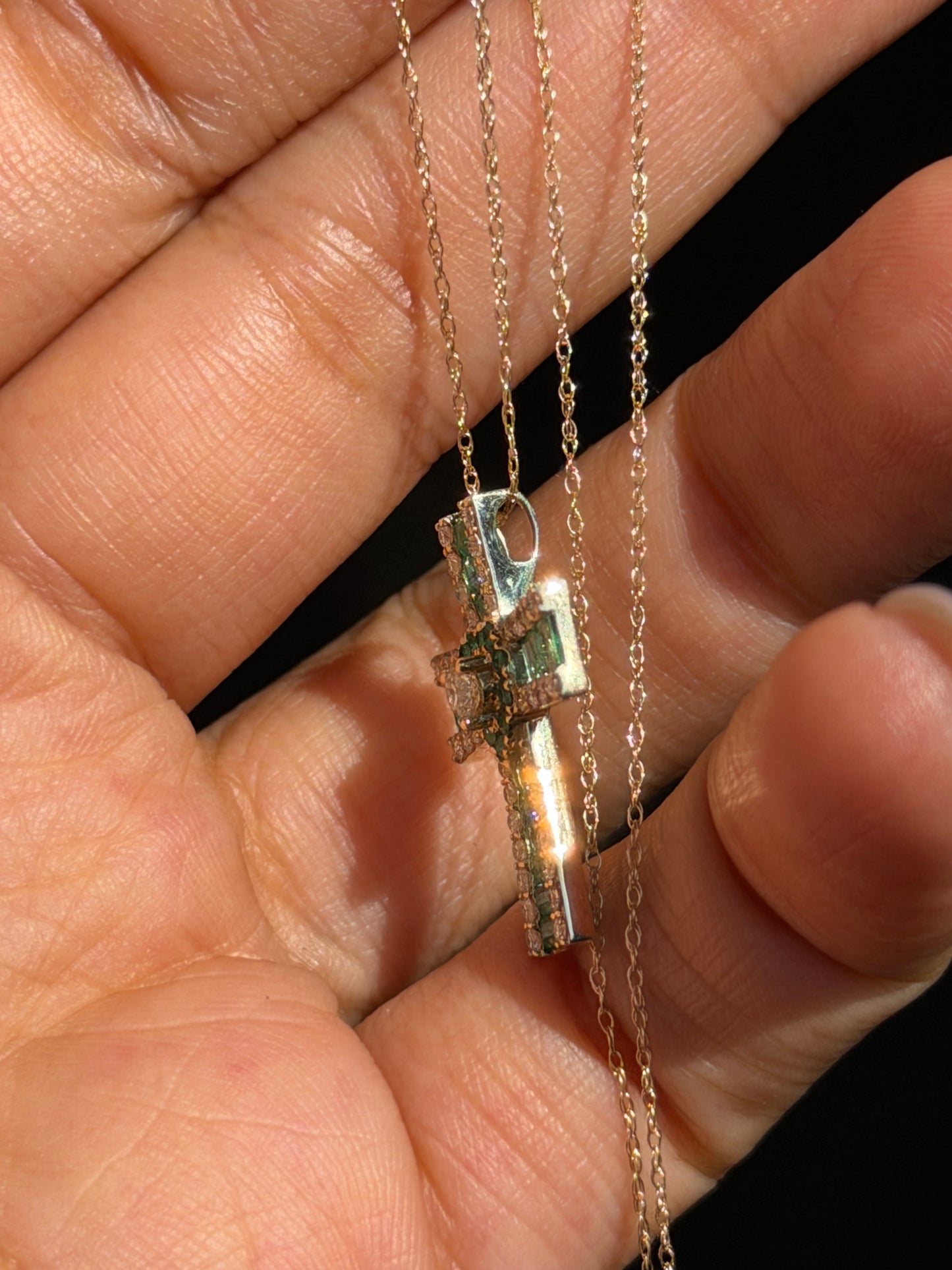 14k emerald and diamond cross charm on chain
