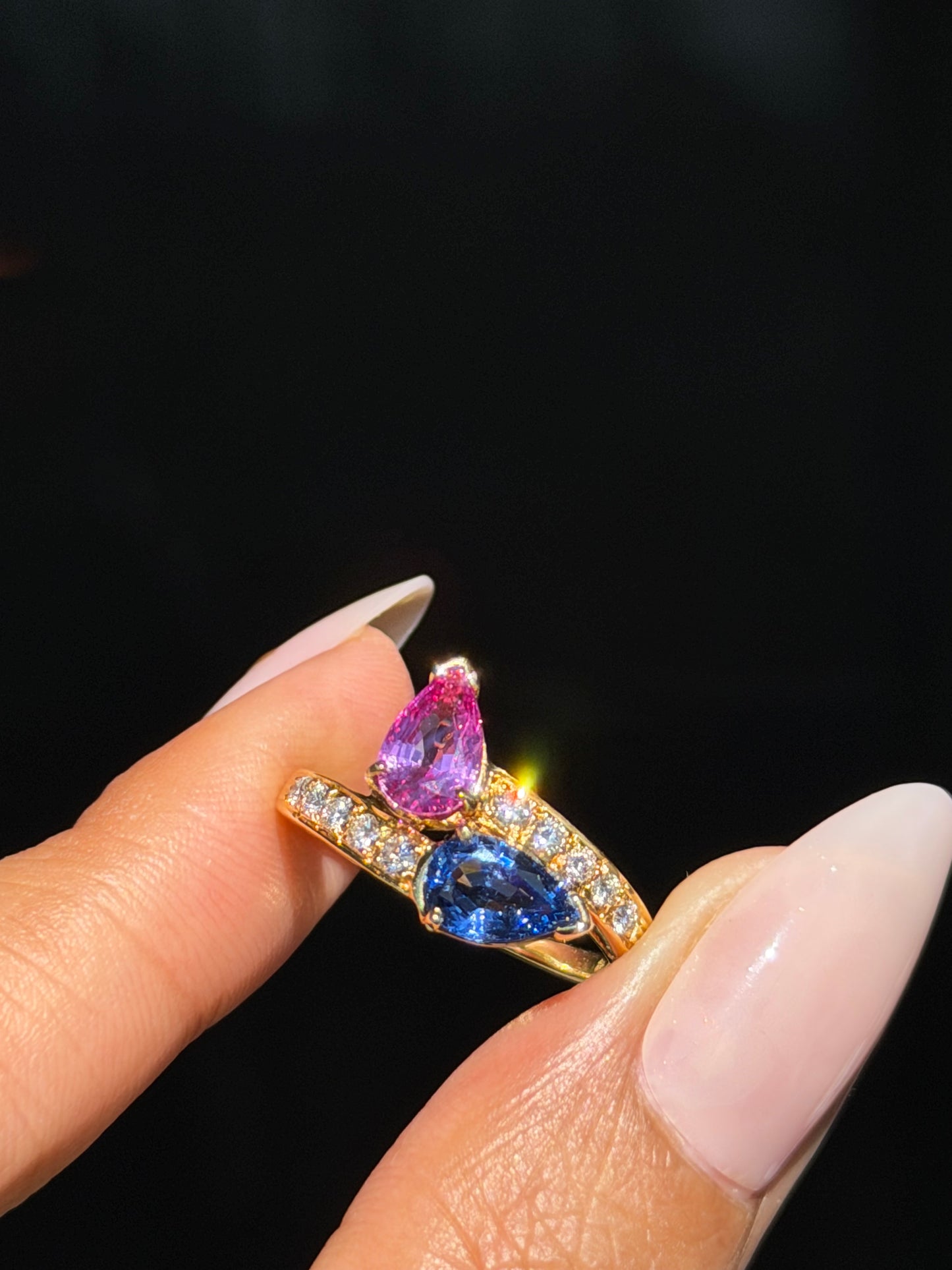 For Brianna 18k toi et moi pink and blue sapphire ring