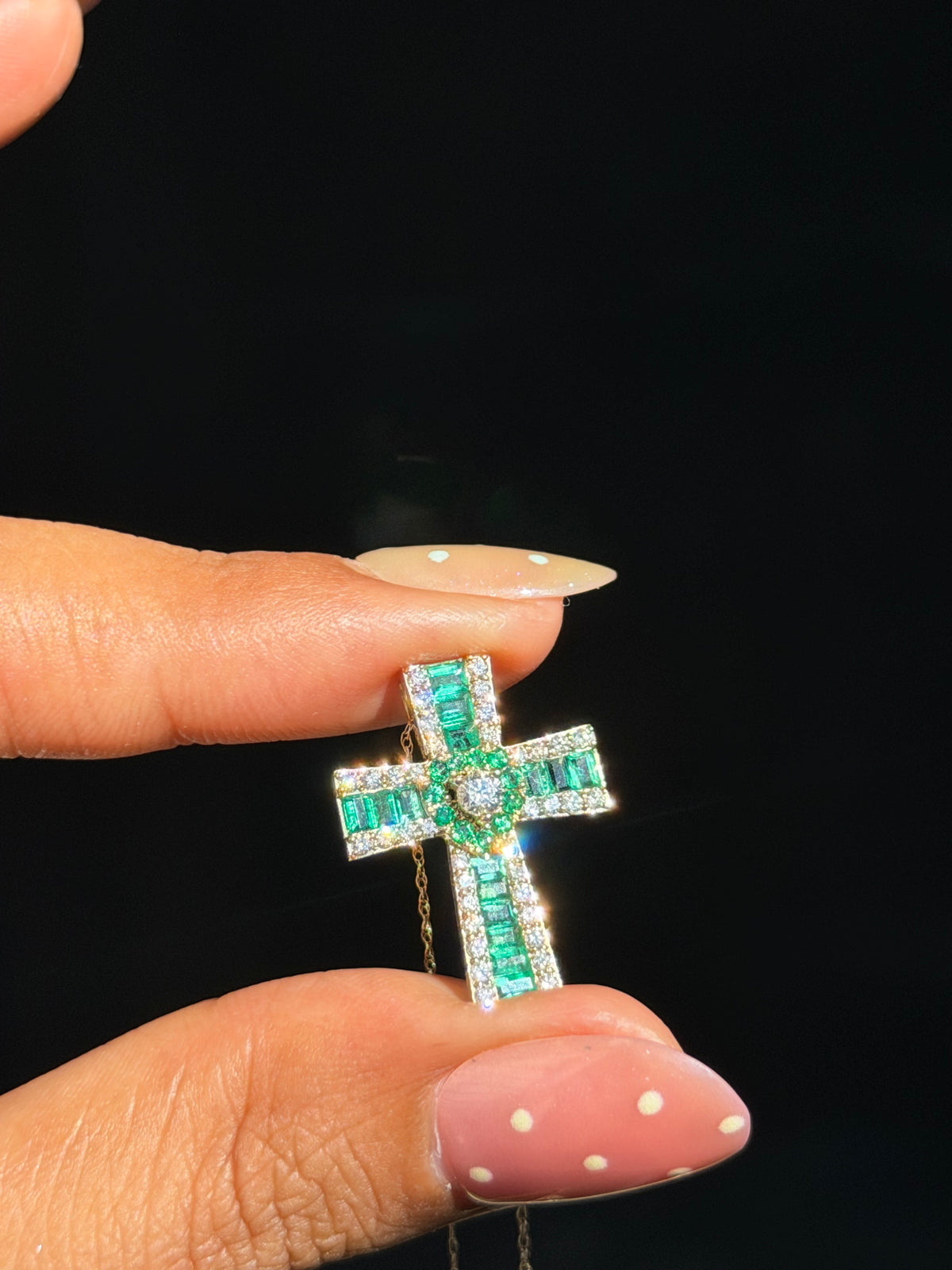 14k emerald and diamond cross charm on chain