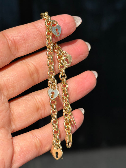 14k rolo bracelet with heart padlocks