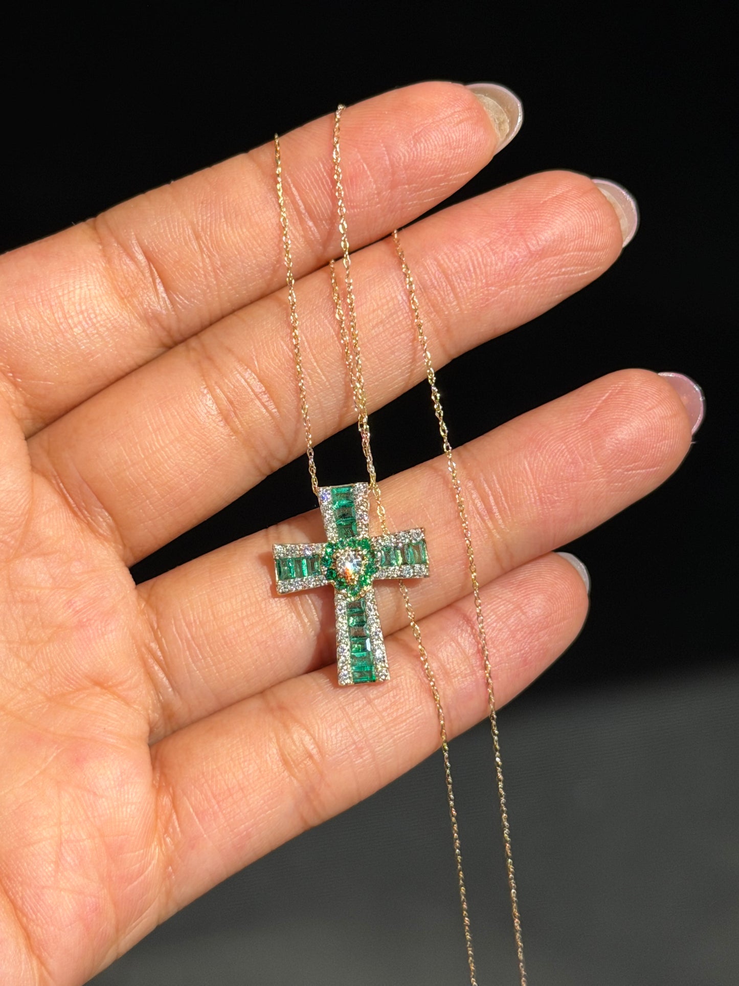 14k emerald and diamond cross charm on chain