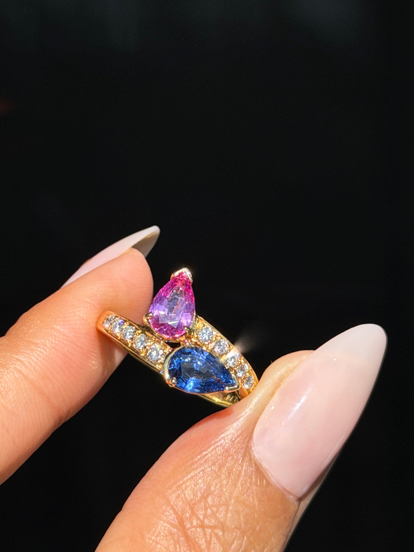 For Brianna 18k toi et moi pink and blue sapphire ring