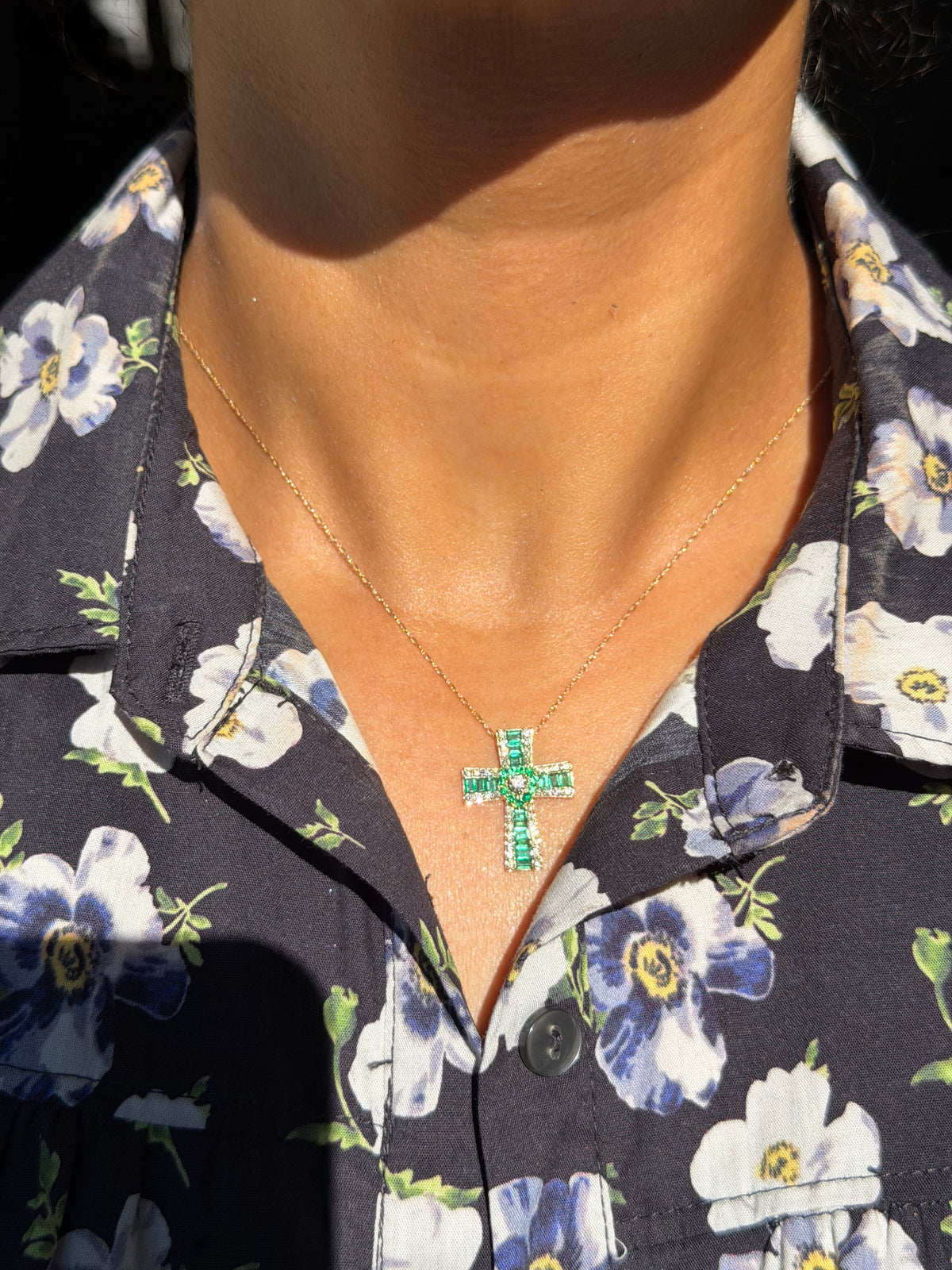 14k emerald and diamond cross charm on chain