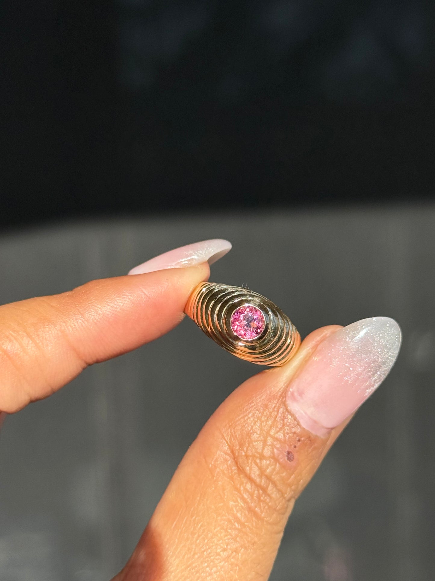 14k vintage ribbed pink tourmaline ring