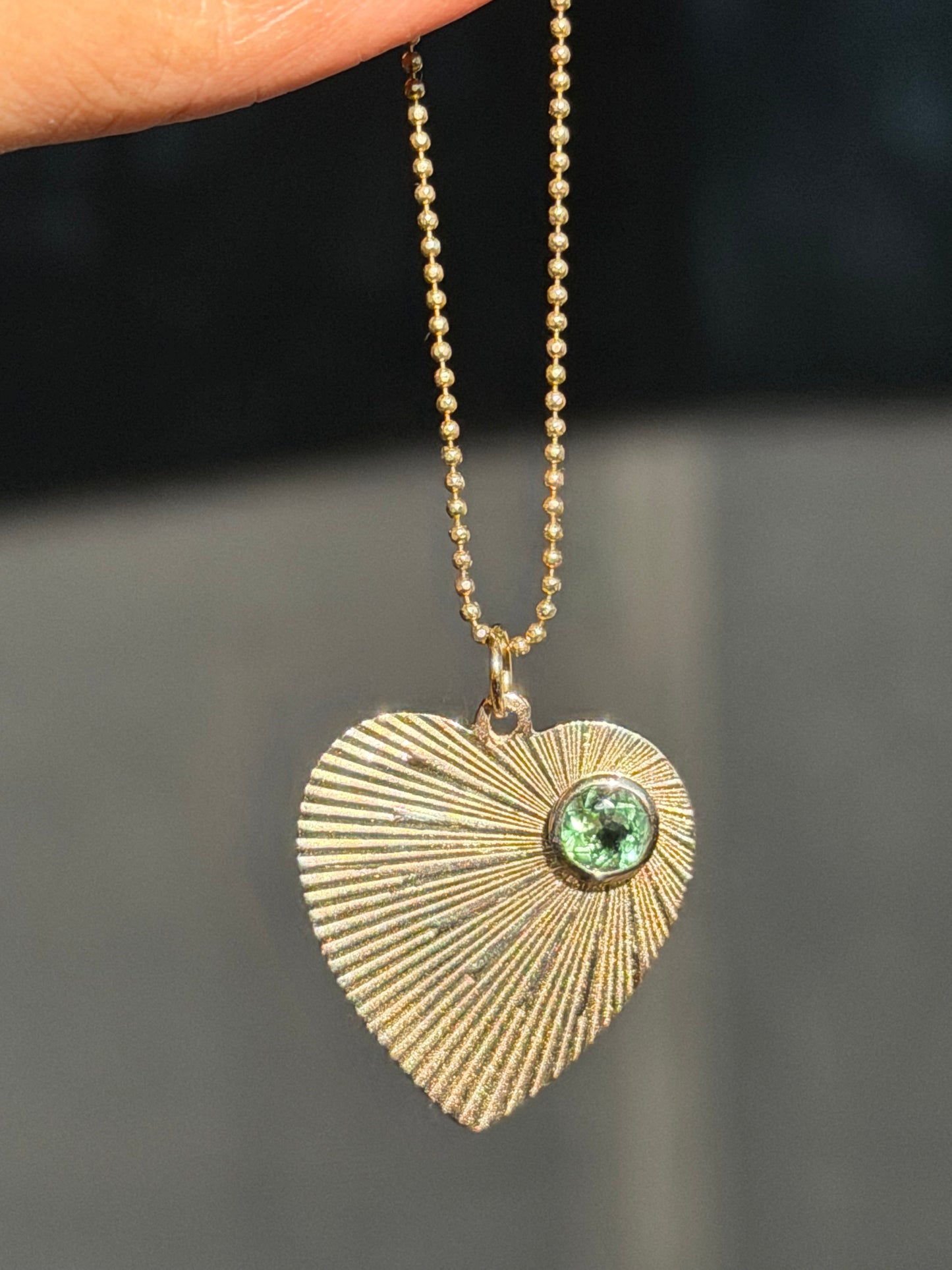 14k Fluted Green Tourmaline heart charm