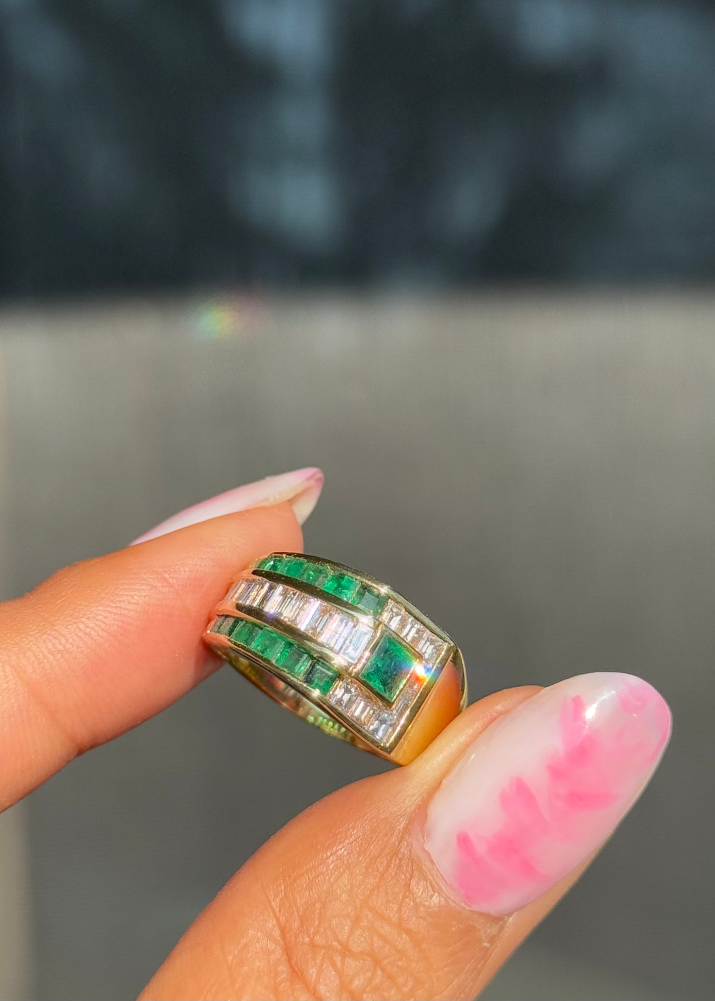 18k Wide Emerald and diamonds ring