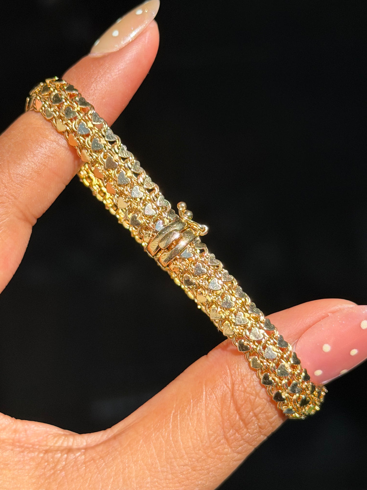 14k three row heart link bracelet