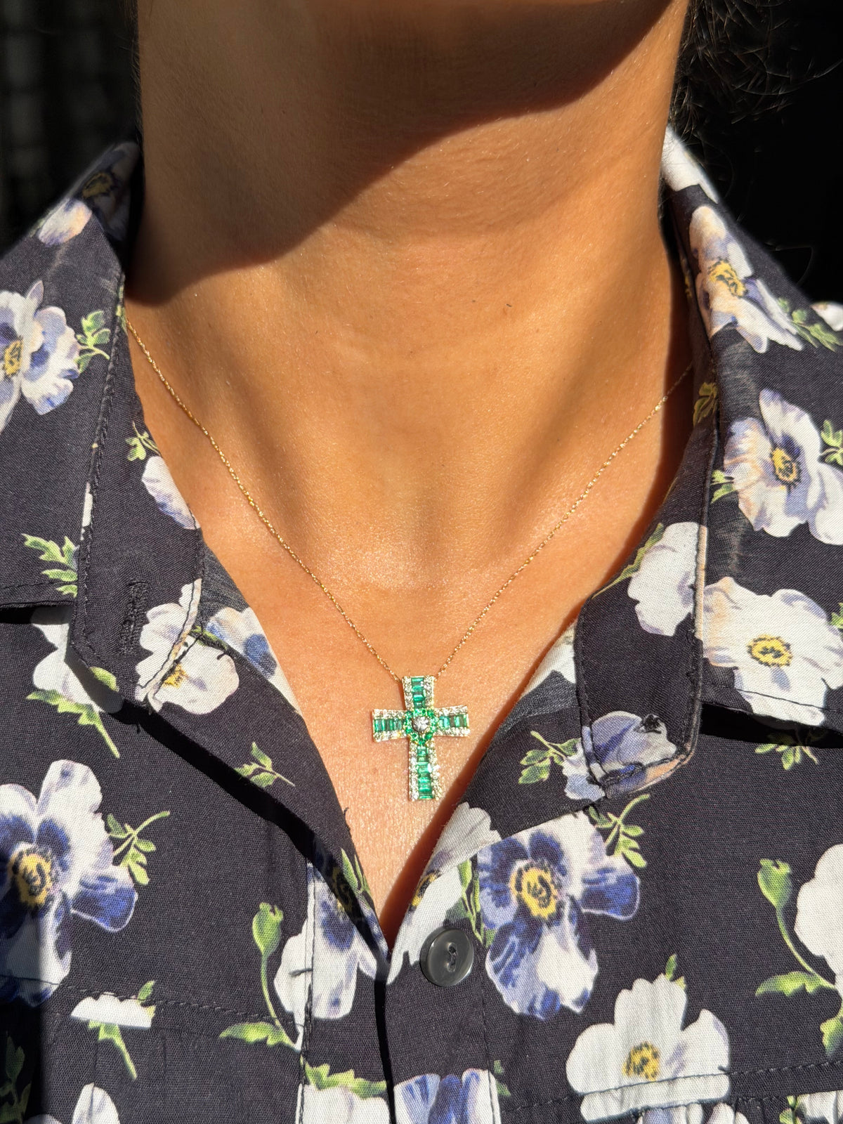 14k emerald and diamond cross charm on chain
