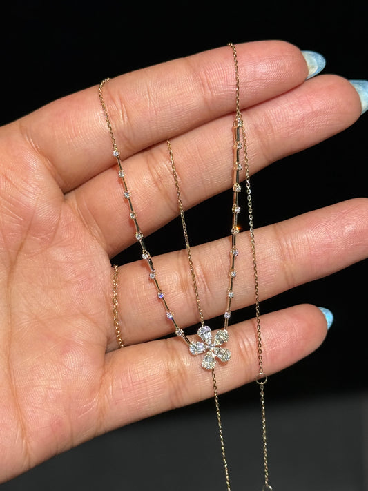 14k yellow gold diamond flower necklace,