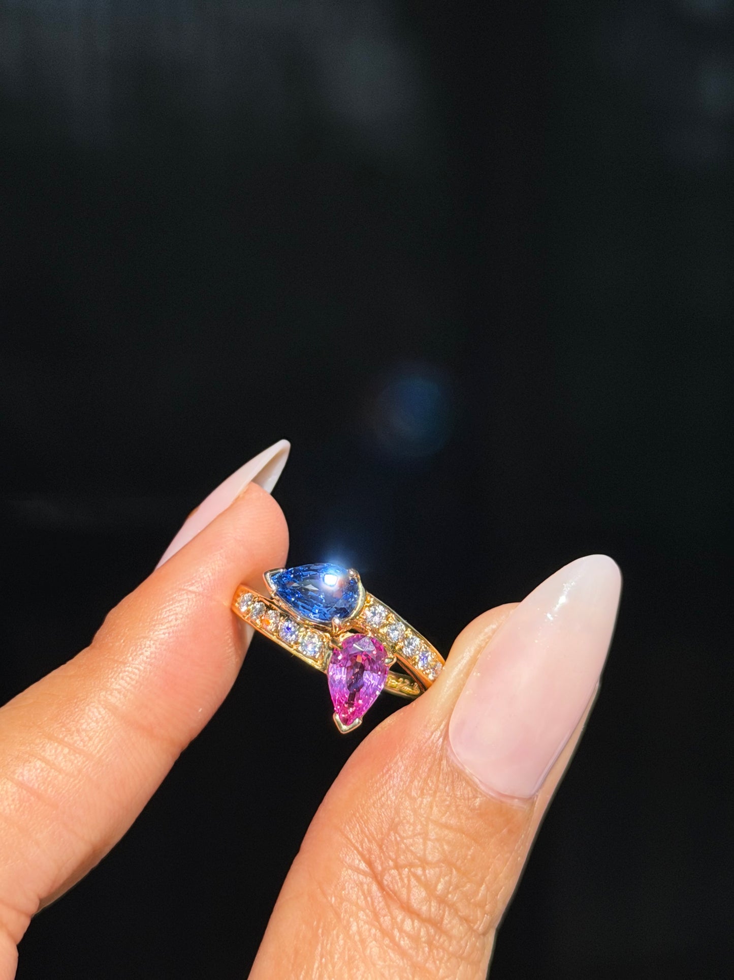 For Brianna 18k toi et moi pink and blue sapphire ring