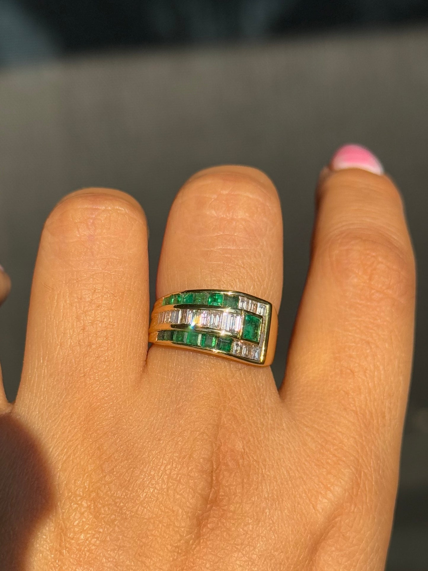 18k Wide Emerald and diamonds ring