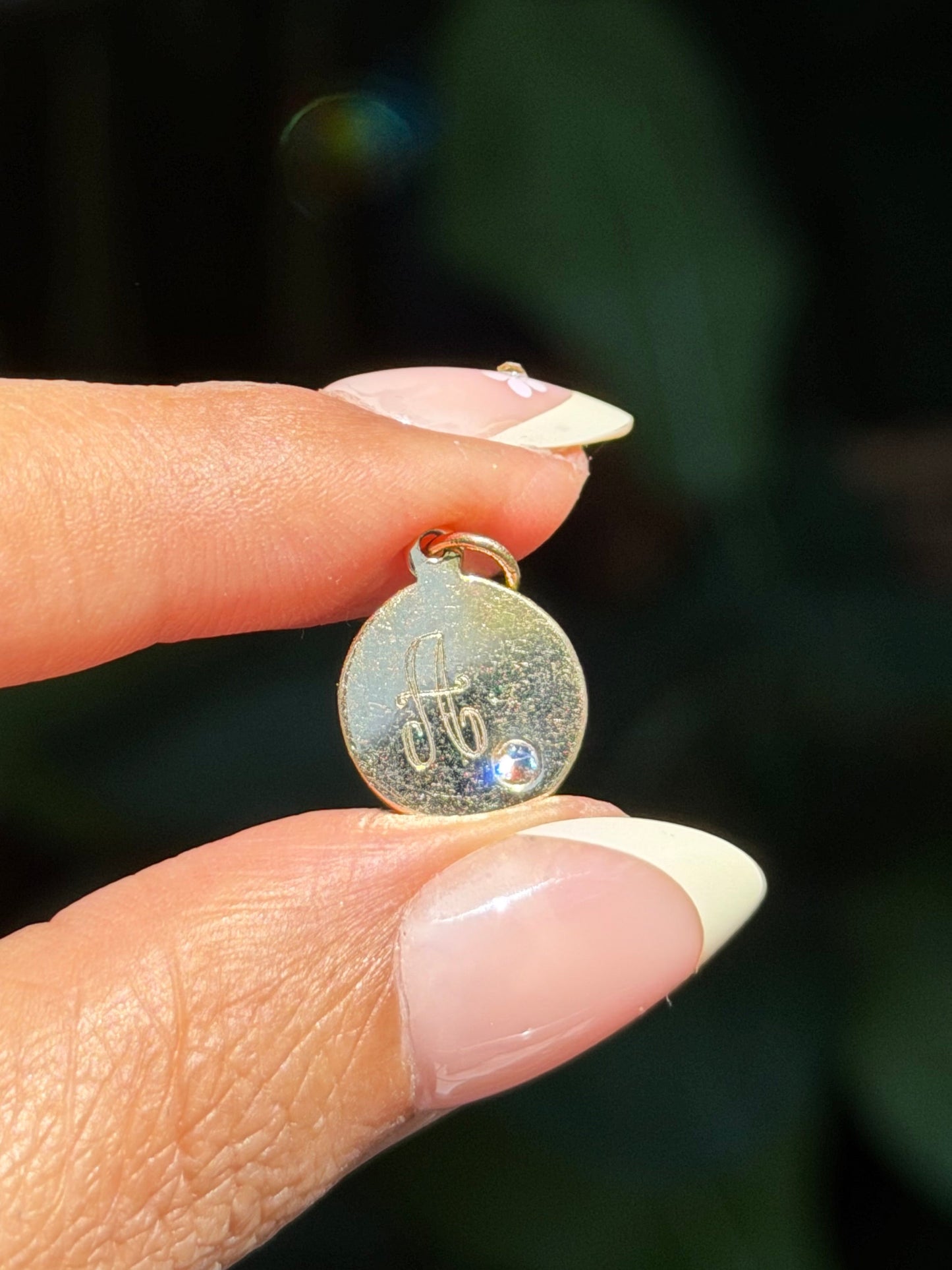 14k engraved Solid disc A charm with natural diamond