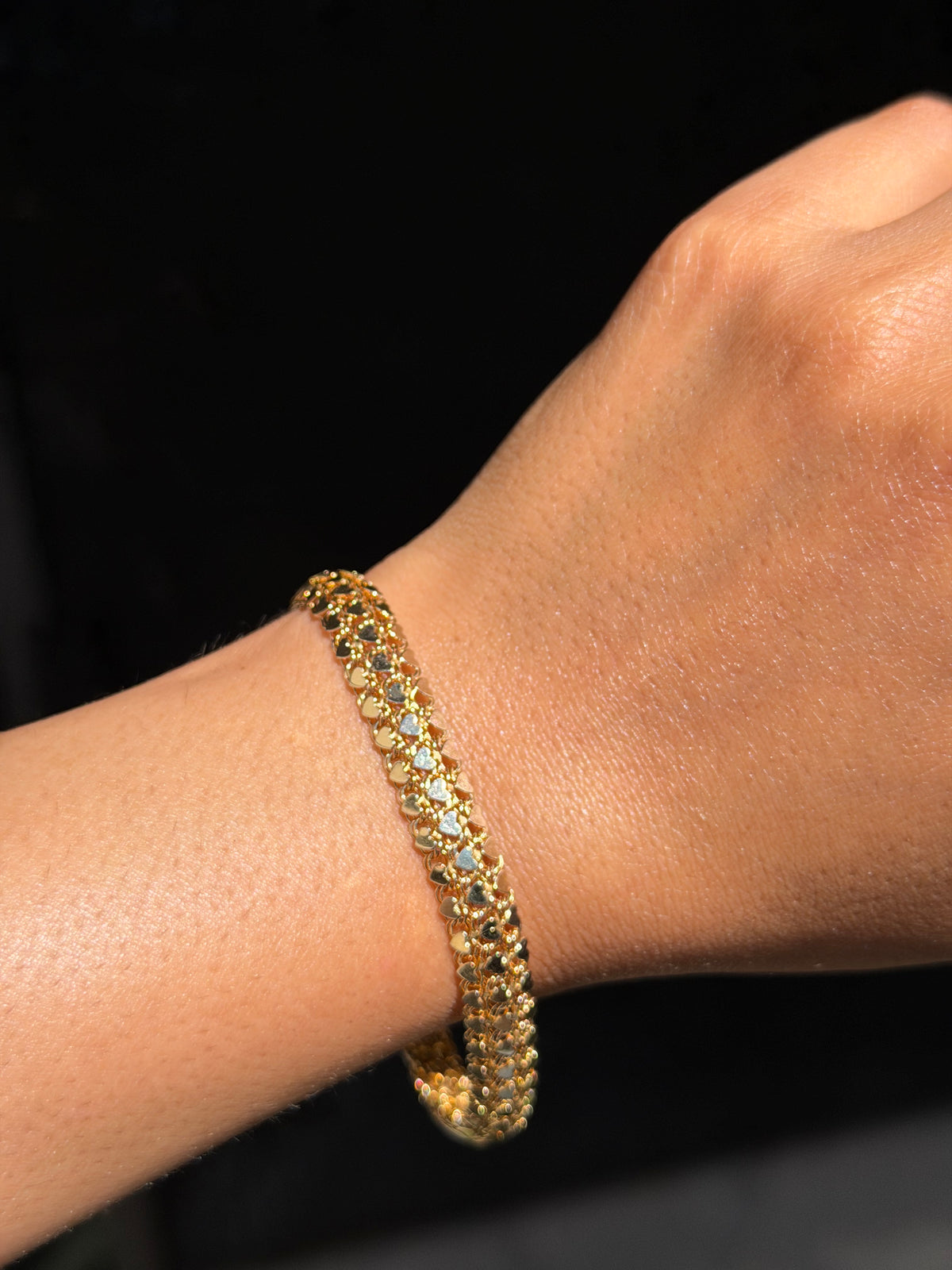 14k three row heart link bracelet