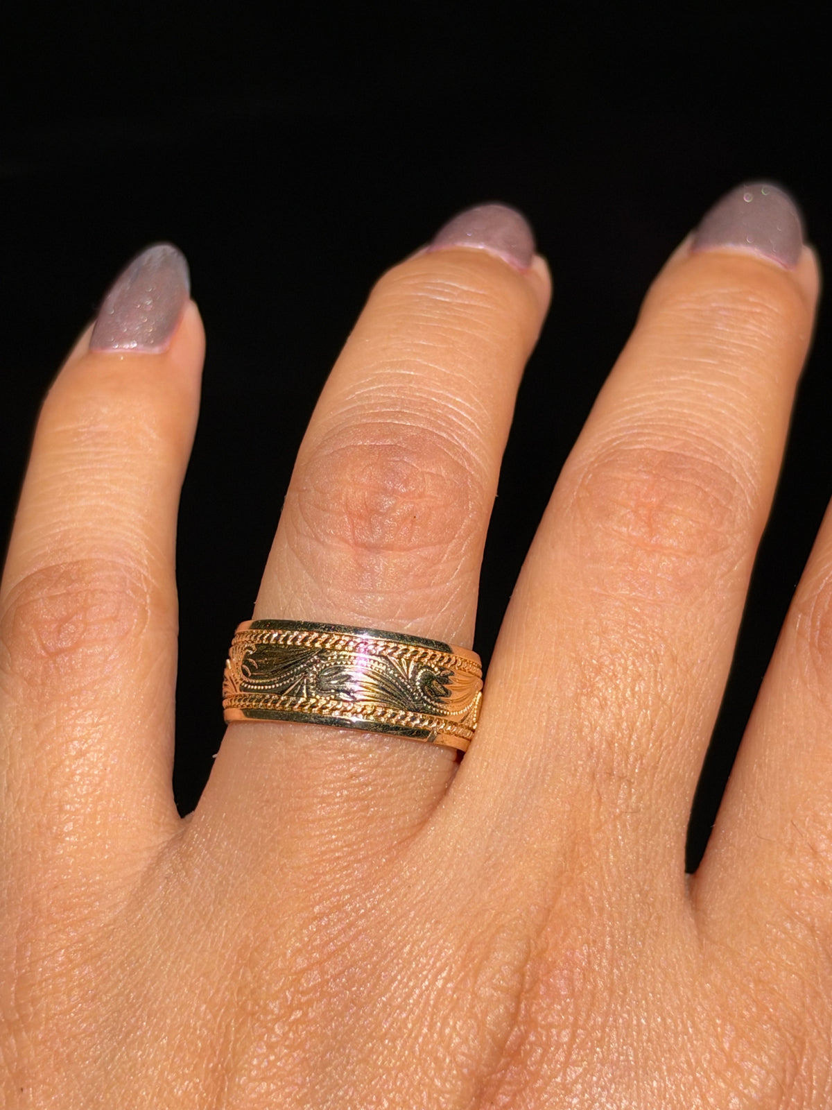 14k vintage hand engraved wide band