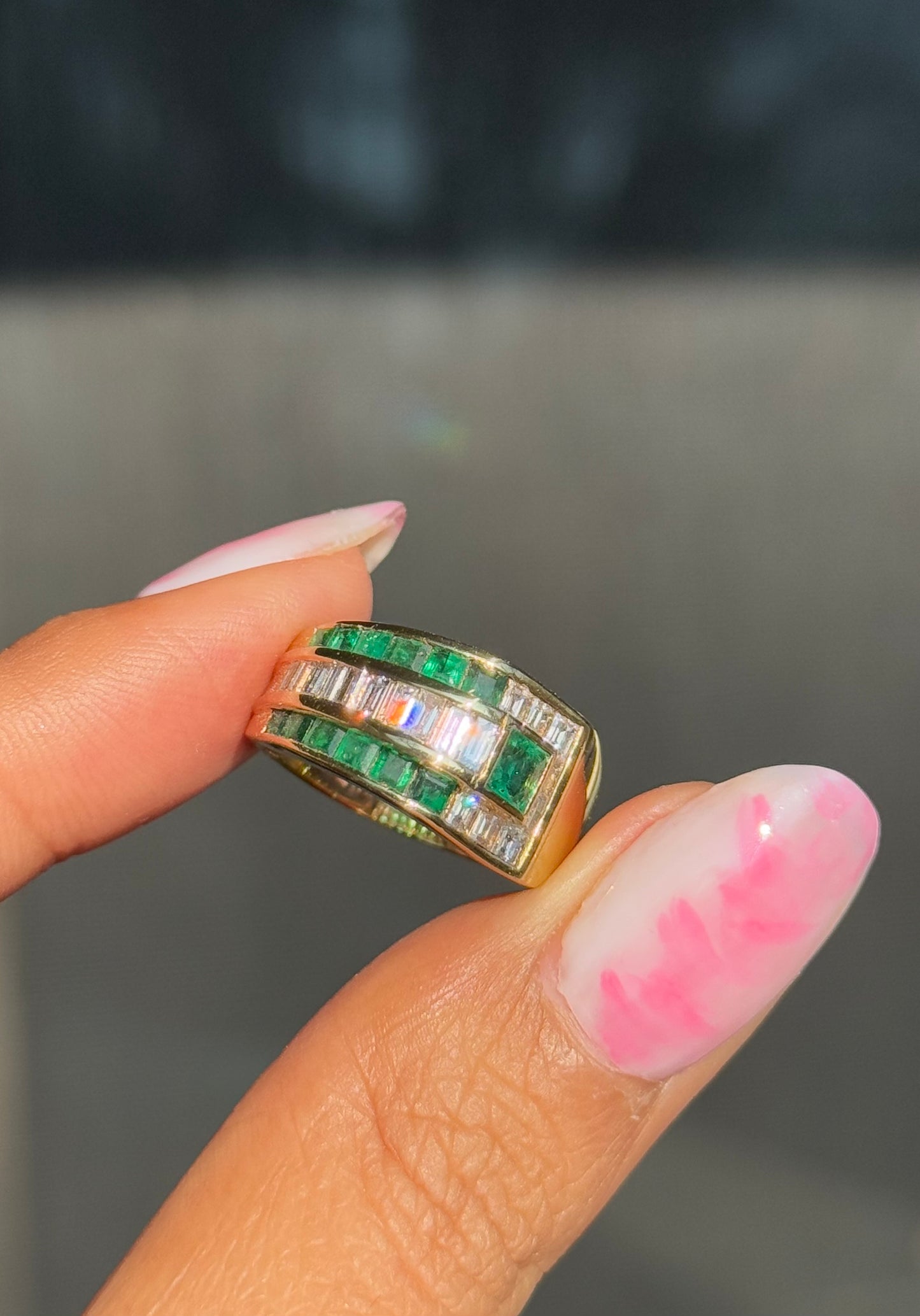 18k Wide Emerald and diamonds ring