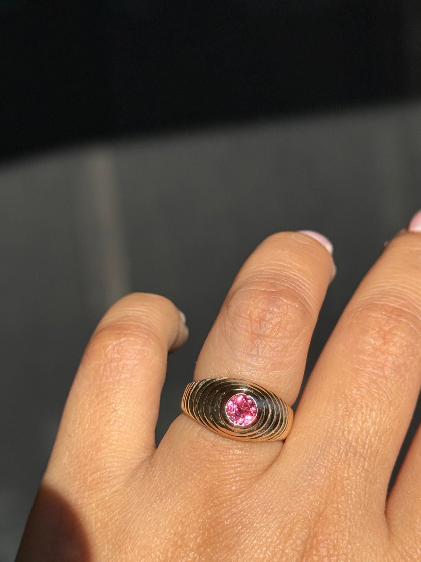 14k vintage ribbed pink tourmaline ring