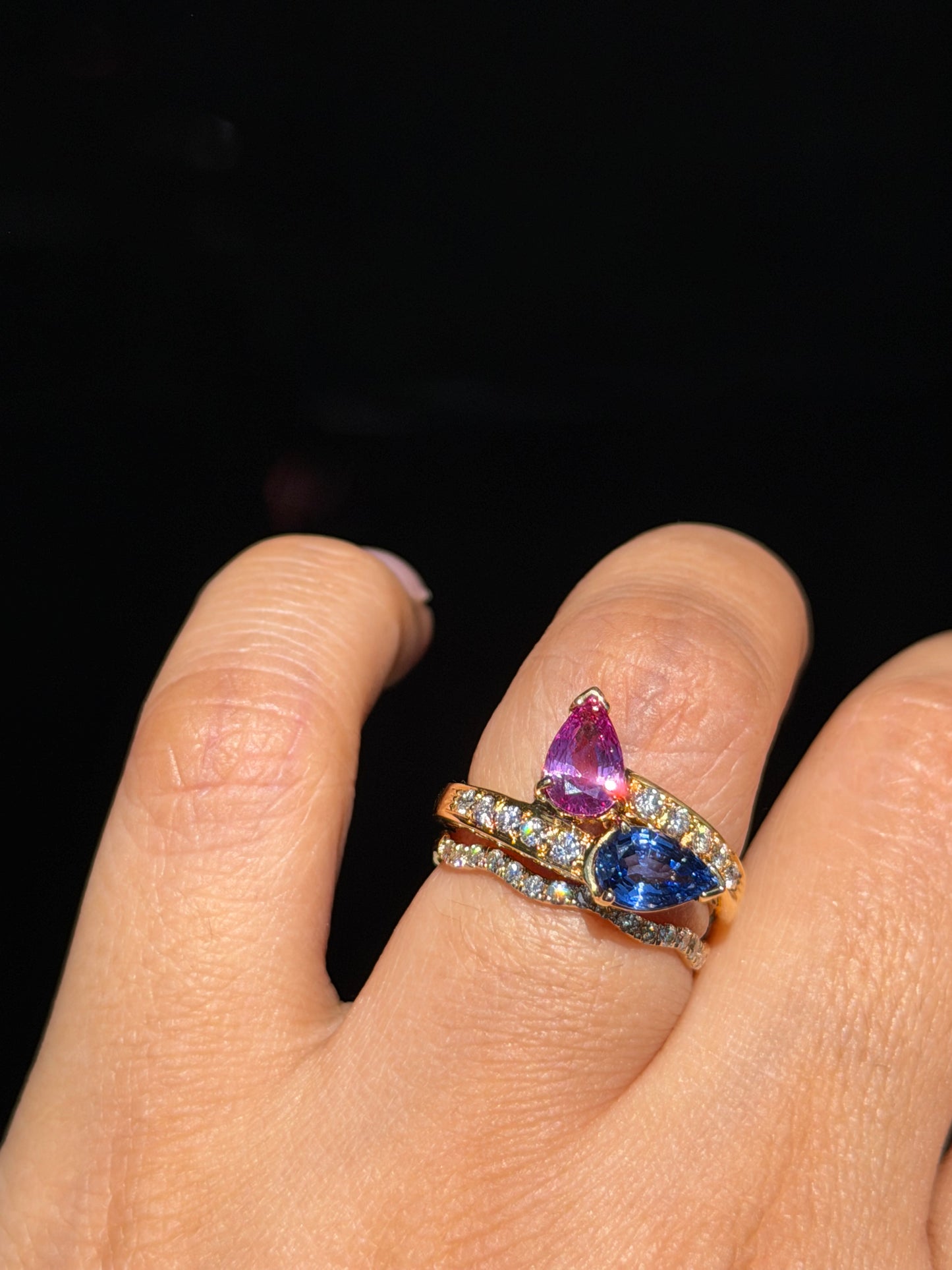 For Brianna 18k toi et moi pink and blue sapphire ring