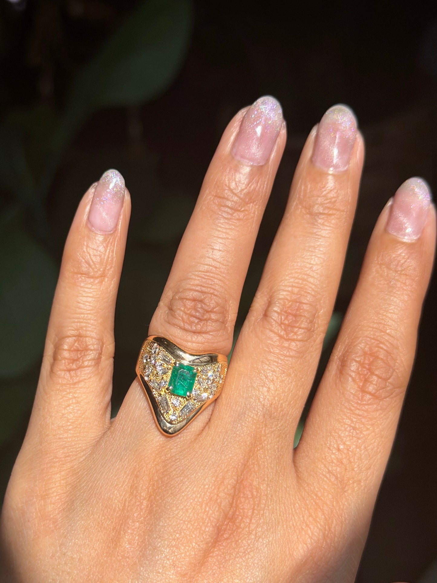 Vintage 18k curved emerald and diamond ring