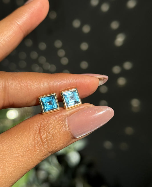 14k square shape bezel set blue topaz earrings