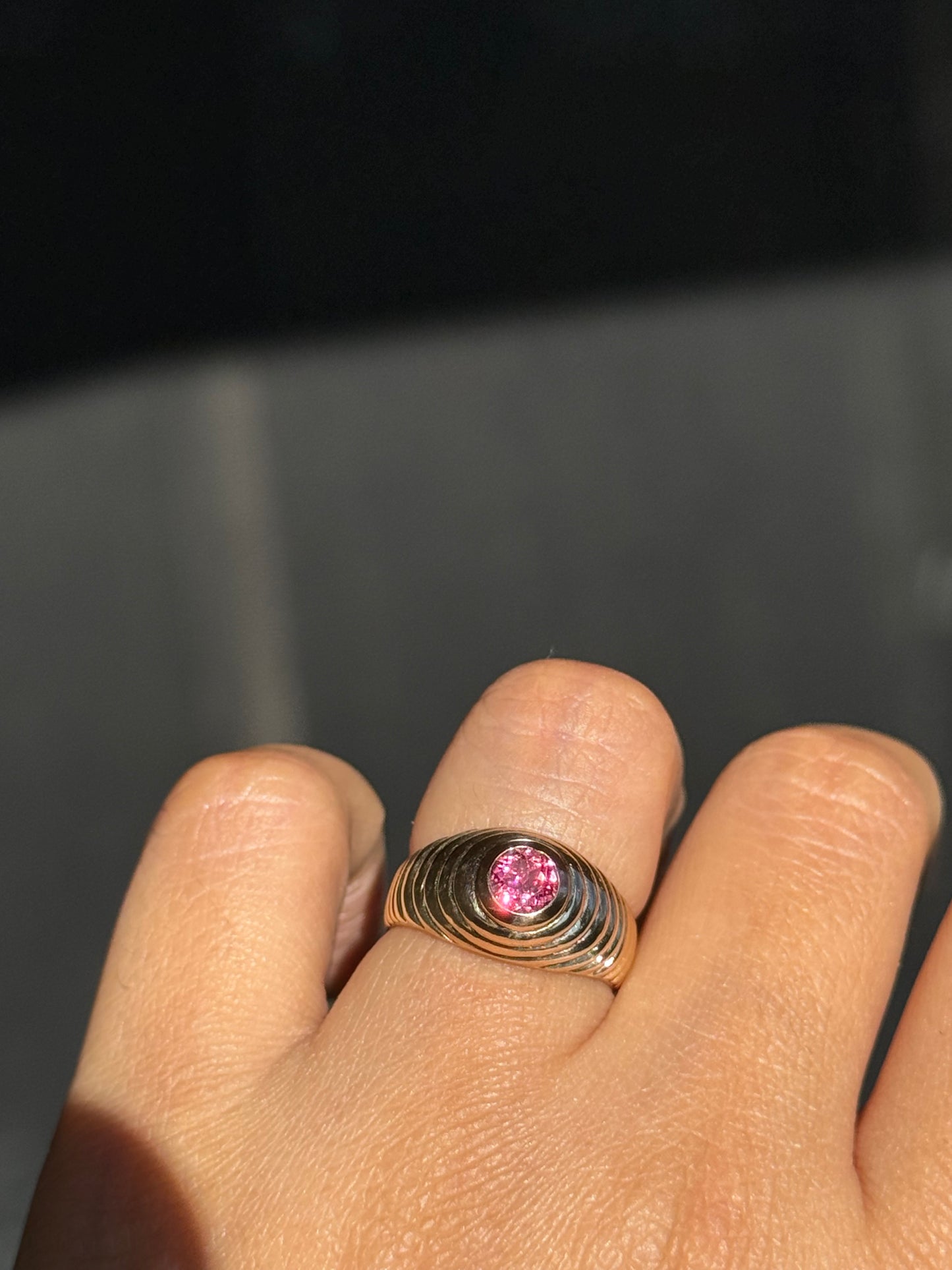 14k vintage ribbed pink tourmaline ring