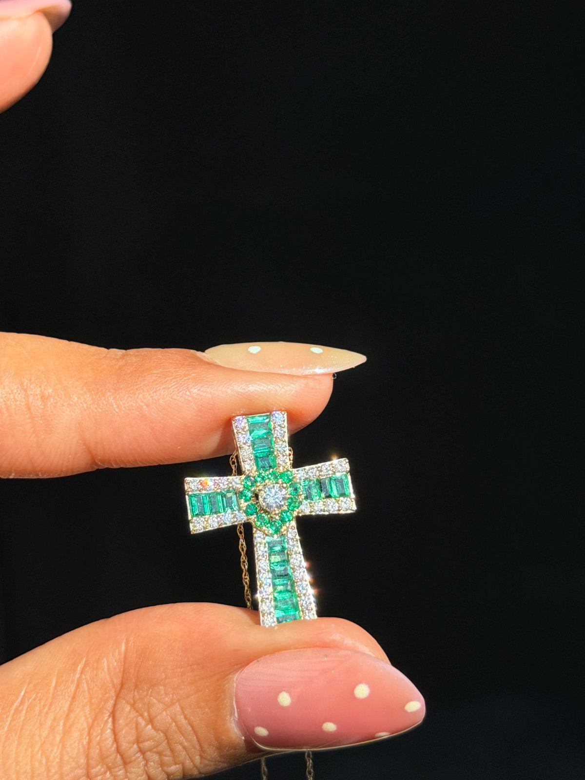 14k emerald and diamond cross charm on chain