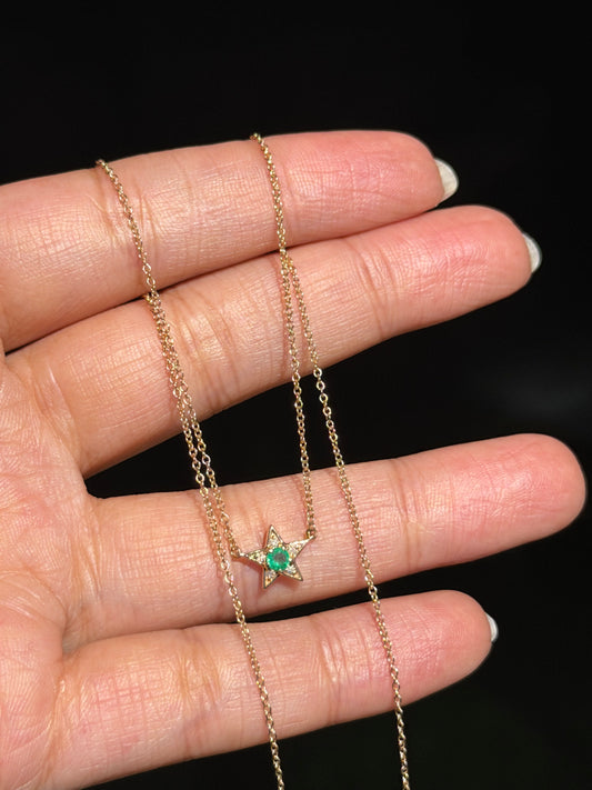 14k Star necklace with emerald and diamonds
